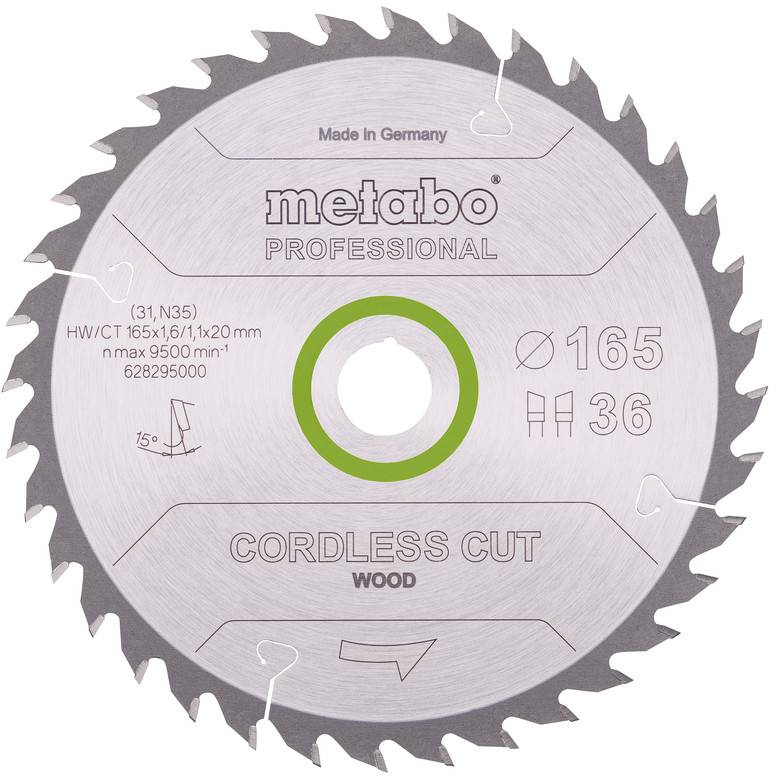Metabo Professional Kreissägeblatt aus Holz, kabellos, mit 165 mm Durchmesser und 36 Zähnen, gekennzeichnet mit 'Made in Germany' und 'CORDLESS CUT WOOD'.
