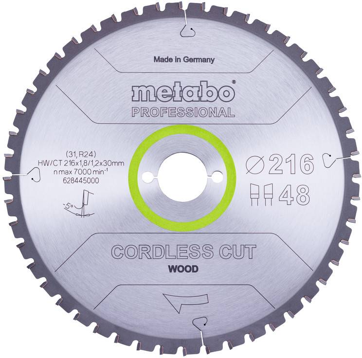 Metabo Professional Elektrosägeblatt für Holz, gekennzeichnet Made in Germany, 216 mm Durchmesser, 48 Zähne.