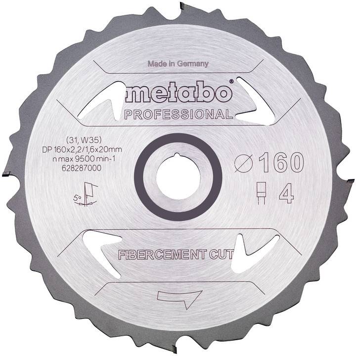 Nahaufnahme eines Metabo Professional Kreissägeblatts mit Kennzeichnung für Faserzementschnitte, 160 mm Durchmesser, 4 Zähne, hergestellt in Deutschland.