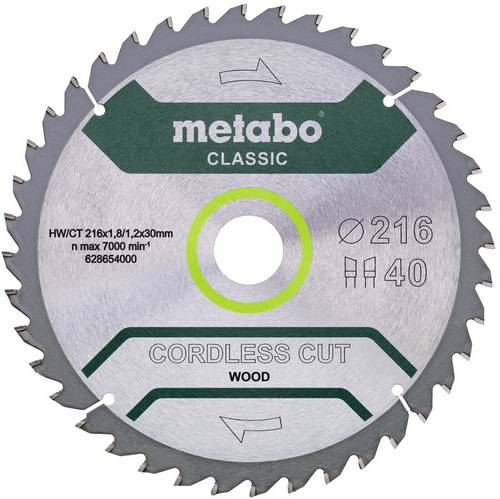 Metabo CORDLESS CUT WOOD CLASSIC 628654000 Kreissägeblatt 216 x 30 x 1.2 mm Zähneanzahl: 40 1 St.