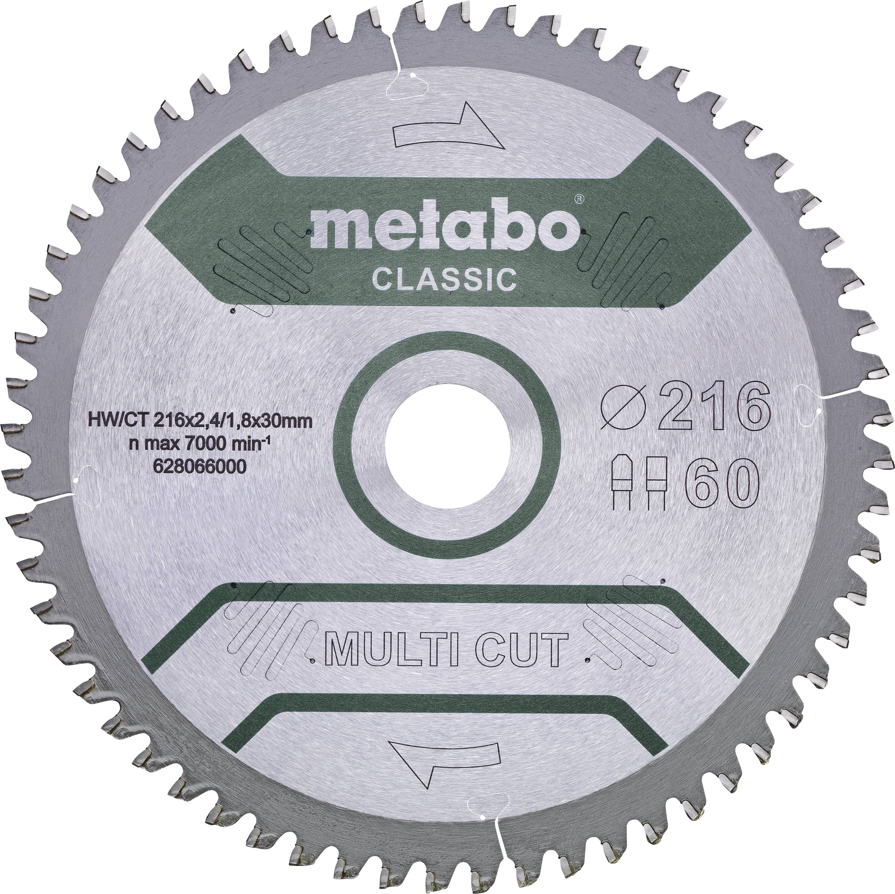 Sägeblatt der Marke Metabo Classic mit der Aufschrift HW/CT 216x2,4/1,8x30 mm, max 7000 min⁻¹, Ø216, H60, Multi Cut.