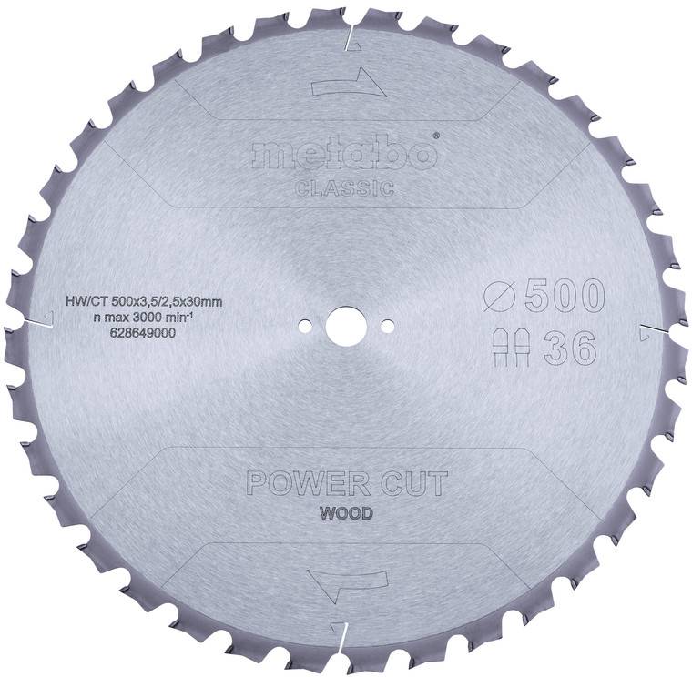 Kreisförmiges Metallsägeblatt mit der Bezeichnung Metabo Classic Power Cut Wood, 500 mm Durchmesser mit 36 Zähnen und zentralem Befestigungsloch.