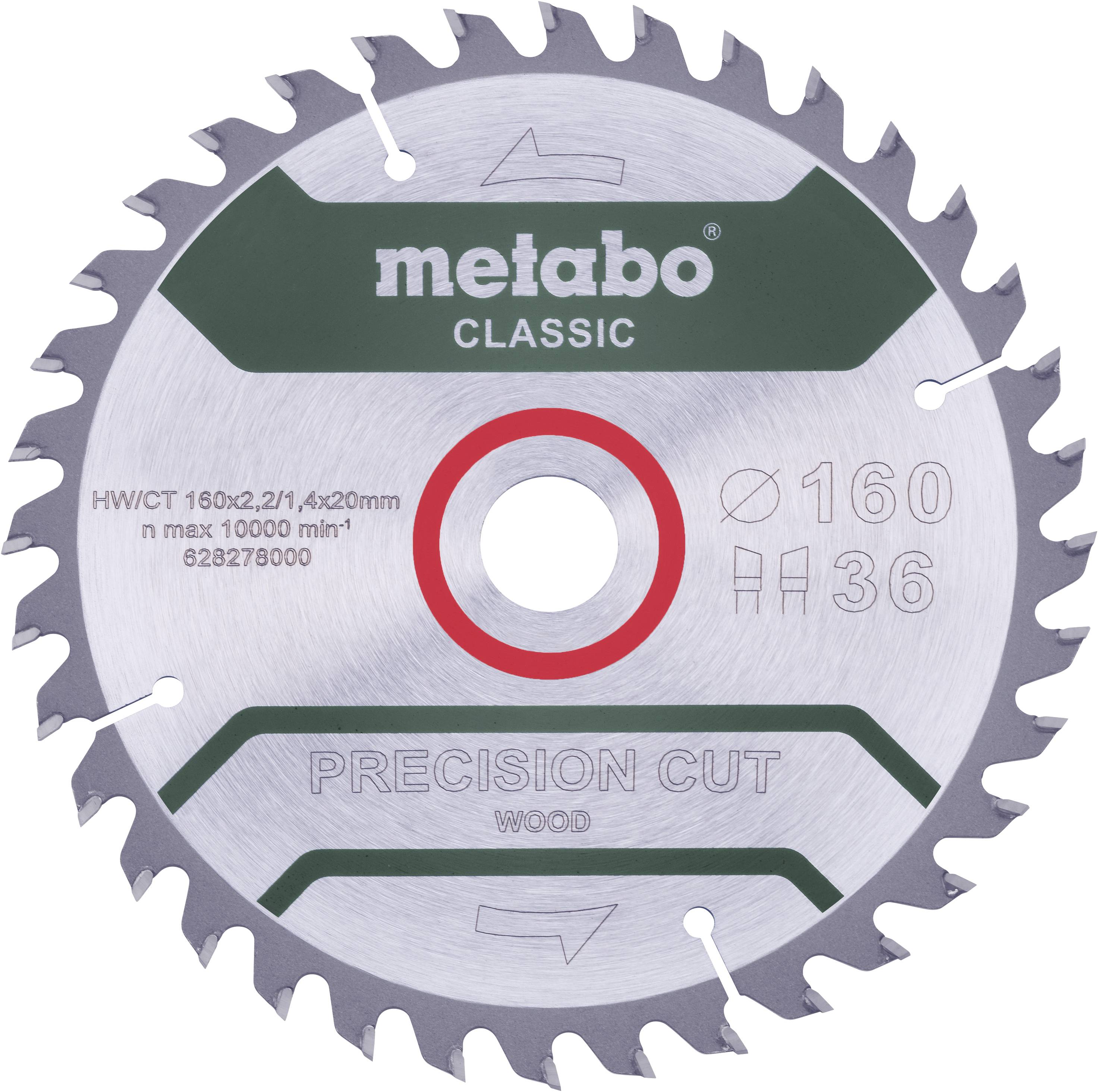 Sägeblatt von Metabo Classic für Holz. Durchmesser 160 mm, 36 Zähne, maximal 10.000 U/min. Präzisionsschnitt-Funktion.