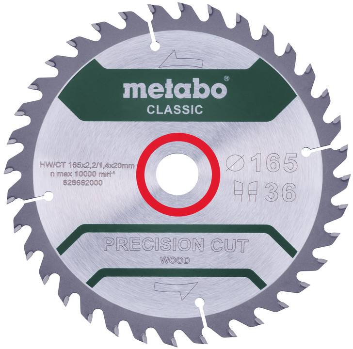 Nahaufnahme eines Metabo Classic Präzisions-Holzsägeblatts, gekennzeichnet mit 165 mm und 36 Zähnen.