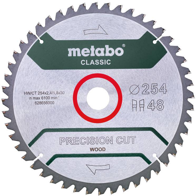 Metabo Classic Präzisions-Kreissägeblatt für Holz mit Ø254 und 48 Zähnen, mit Mittenloch und Drehrichtungspfeilen.