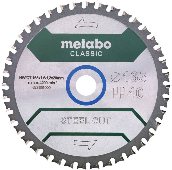 Nahaufnahme eines Metabo Classic Stahltrennscheibe-Sägeblatts, gekennzeichnet mit 165 mm, 40 Zähnen und max. 4200 U/min.