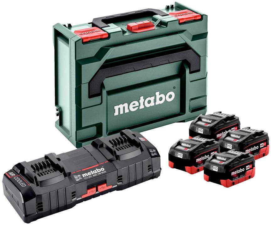 Metabo Elektrowerkzeug-Set mit Transportkoffer, Ladegerät und vier Akkupacks auf weißem Hintergrund.