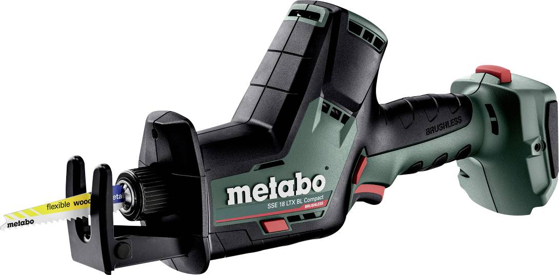 Eine kompakte, kabellose Säbelsäge mit flexiblem Metabo-Sägeblatt, geeignet für Holzarbeiten. Ergonomisches Design für einfache Handhabung.