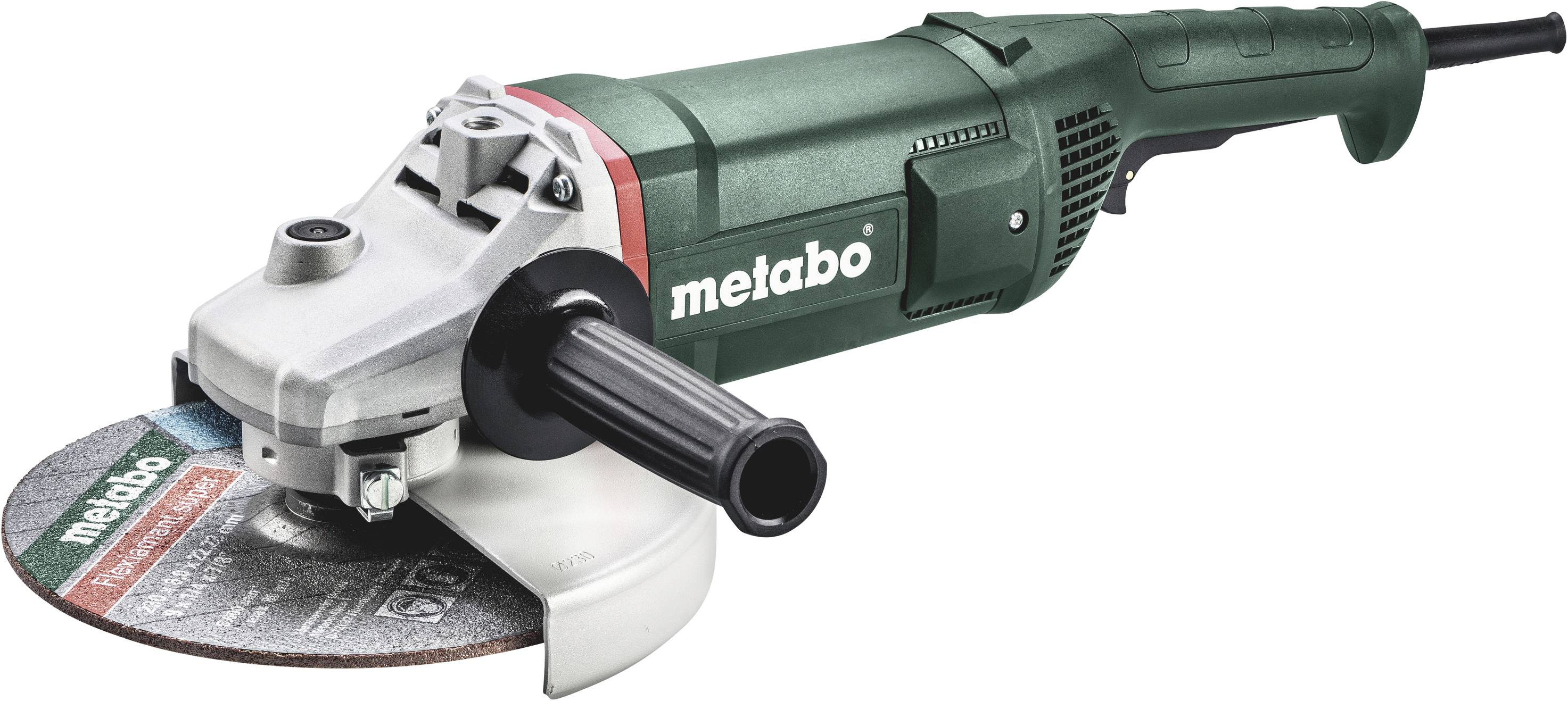 Ein grüner Winkelschleifer von Metabo mit schwarzem Griff und Scheibe. Markenname auf dem Gehäuse sichtbar.