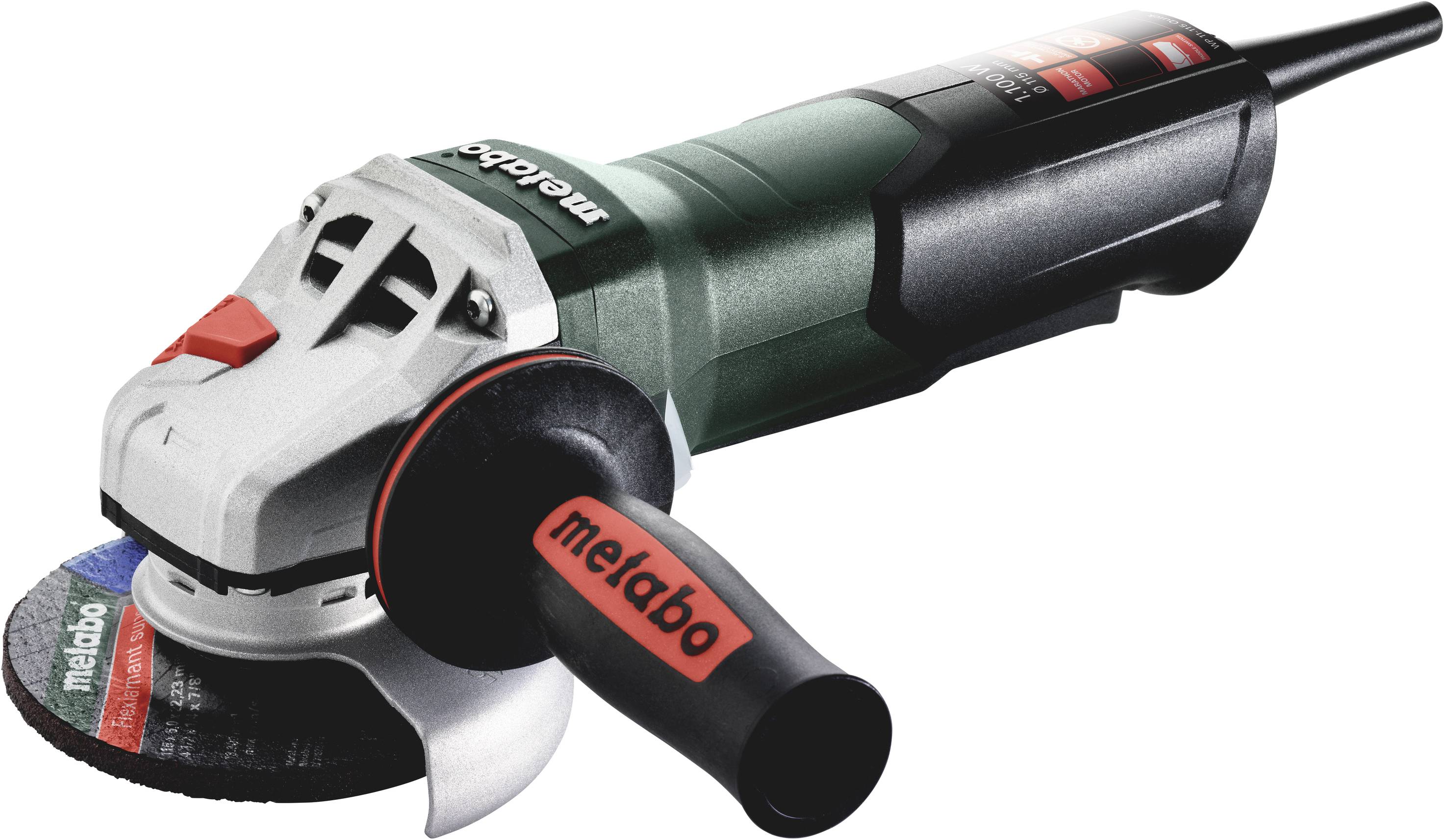 Ein Winkelschleifer der Marke Metabo mit einem Metabo-Schleifteller und ergonomischem Griff, geeignet für Schrupp- und Trennarbeiten.