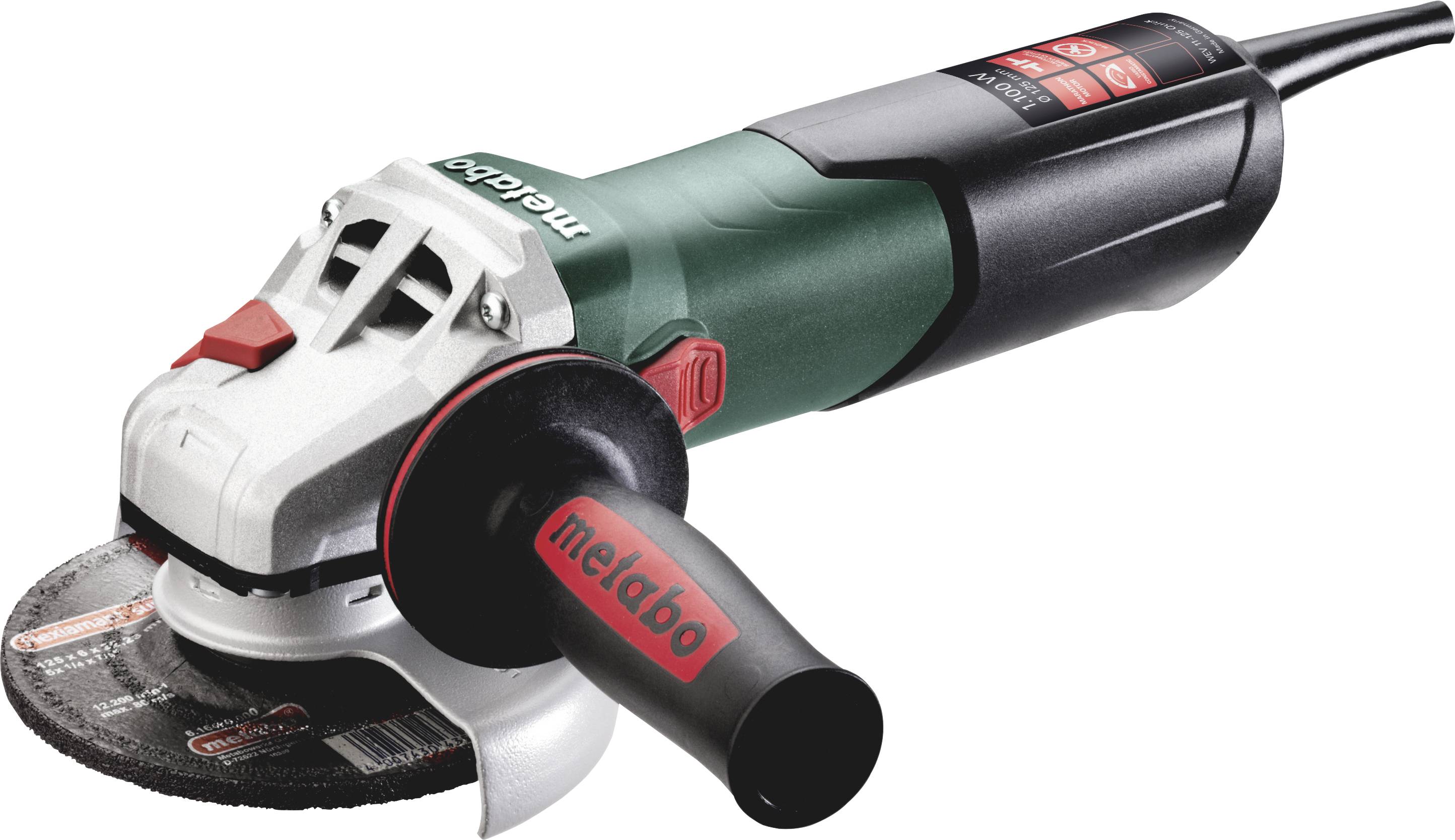 Ein Winkelschleifer von Metabo mit schwarzem und grünem Gehäuse, rotem Logo auf dem Griff und einer Schleifscheibe montiert.