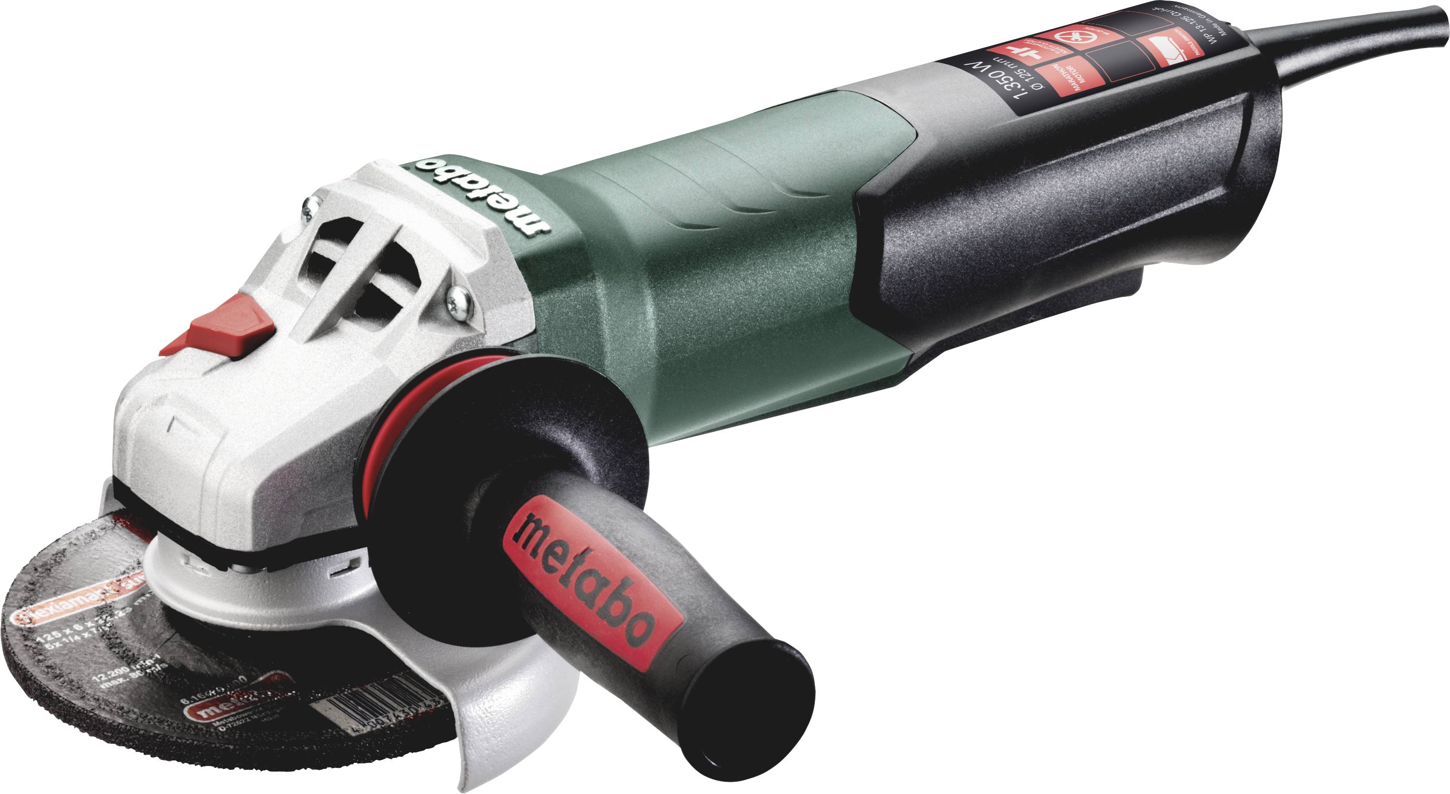 Ein elektrischer Winkelschleifer der Marke Metabo in Grün und Schwarz mit rotem Schalter und Etikett. Ideal für Schleif- und Trennarbeiten.