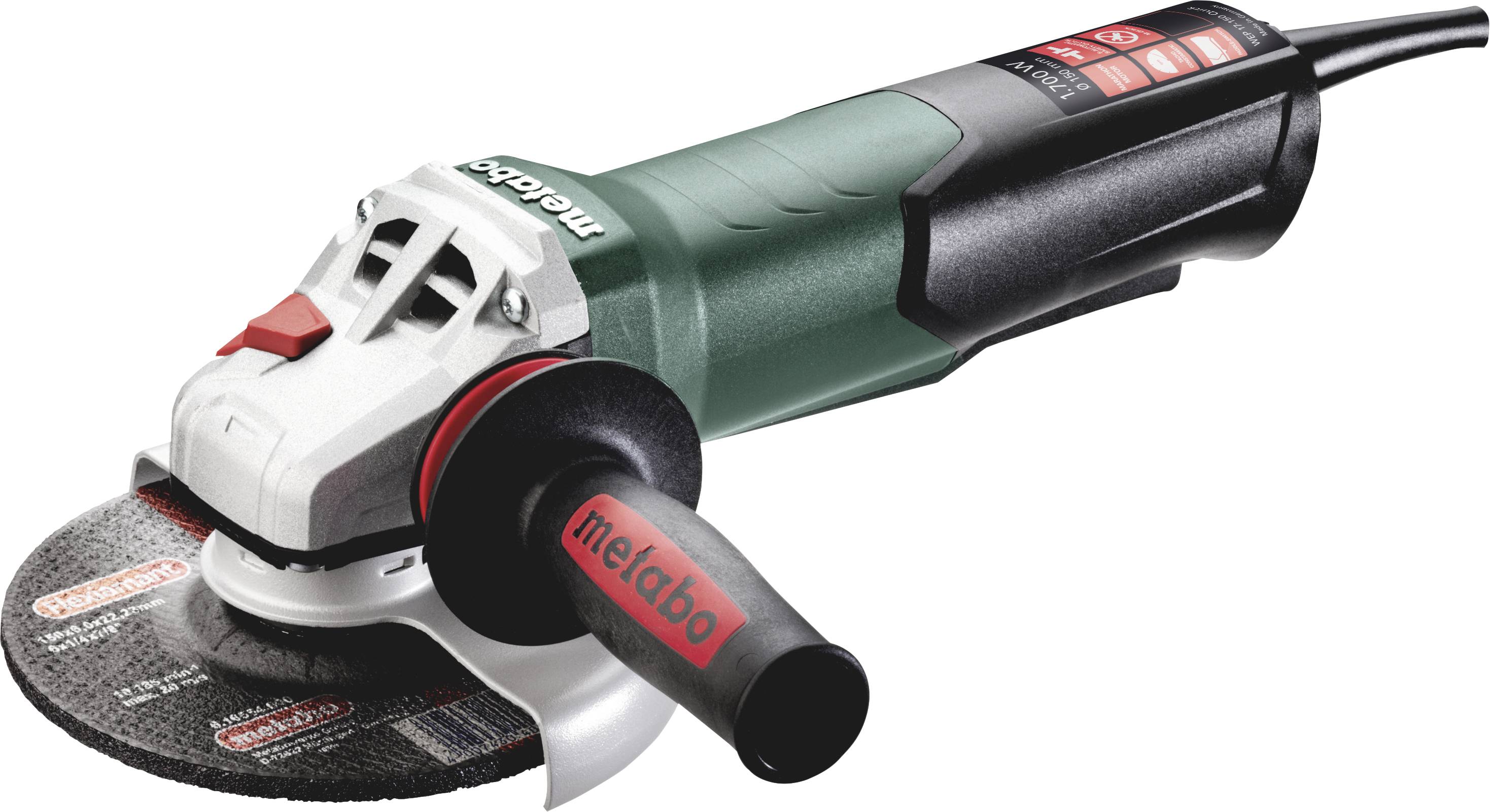 Elektrischer Winkelschleifer mit grün-schwarzem Gehäuse, Metabo-Logo, rotem Schalter und Metabo-beschriftetem Handgriff.