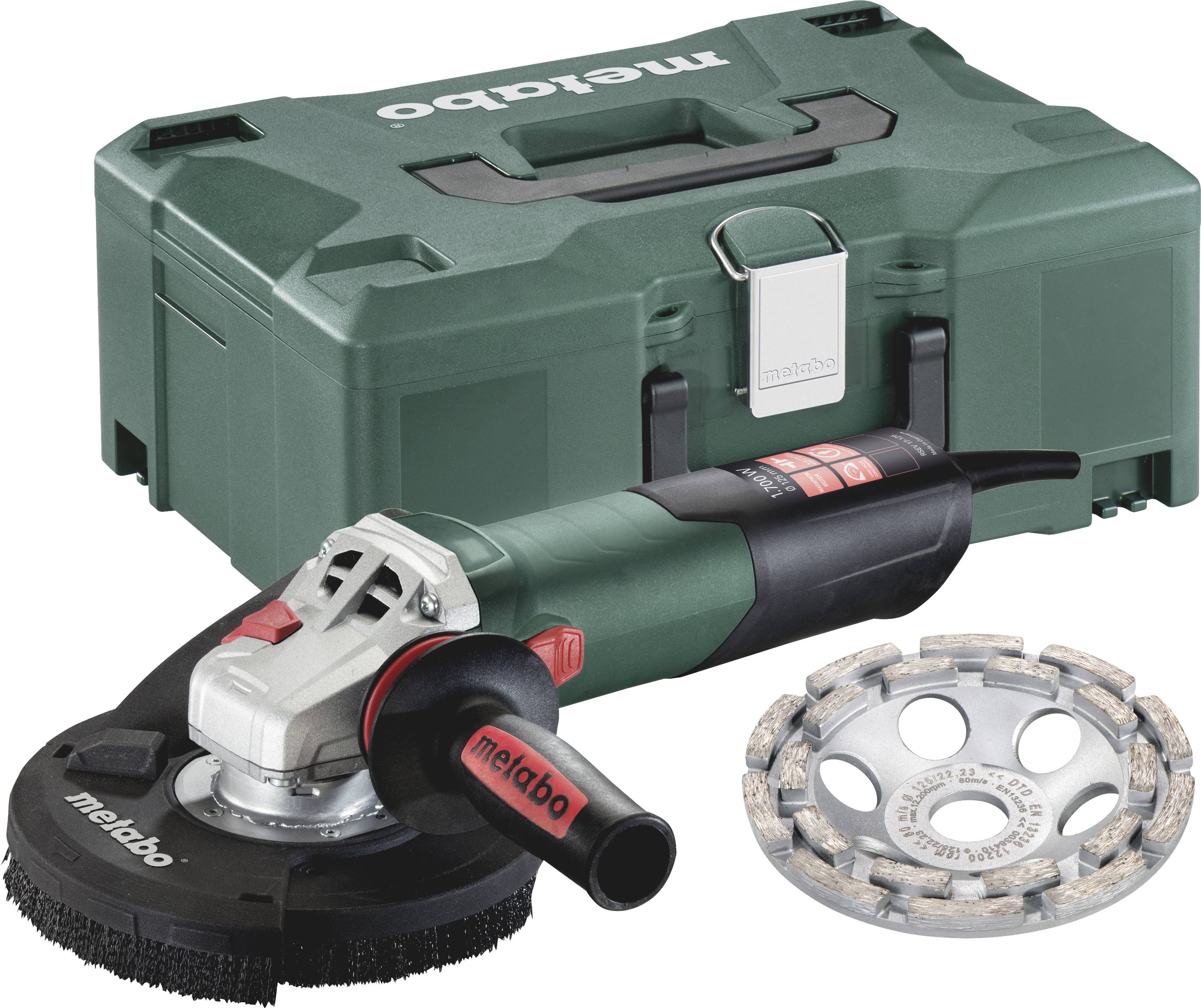 Grün-schwarze Winkelschleifer-Maschine von Metabo neben einem grünen Transportkoffer und einer Ersatzschleifscheibe.