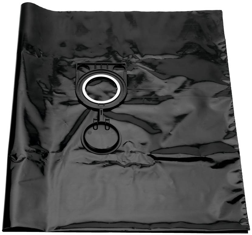 Schwarze Plastiktüte mit rundem Ventil in der Mitte und rotem Verschluss oben.