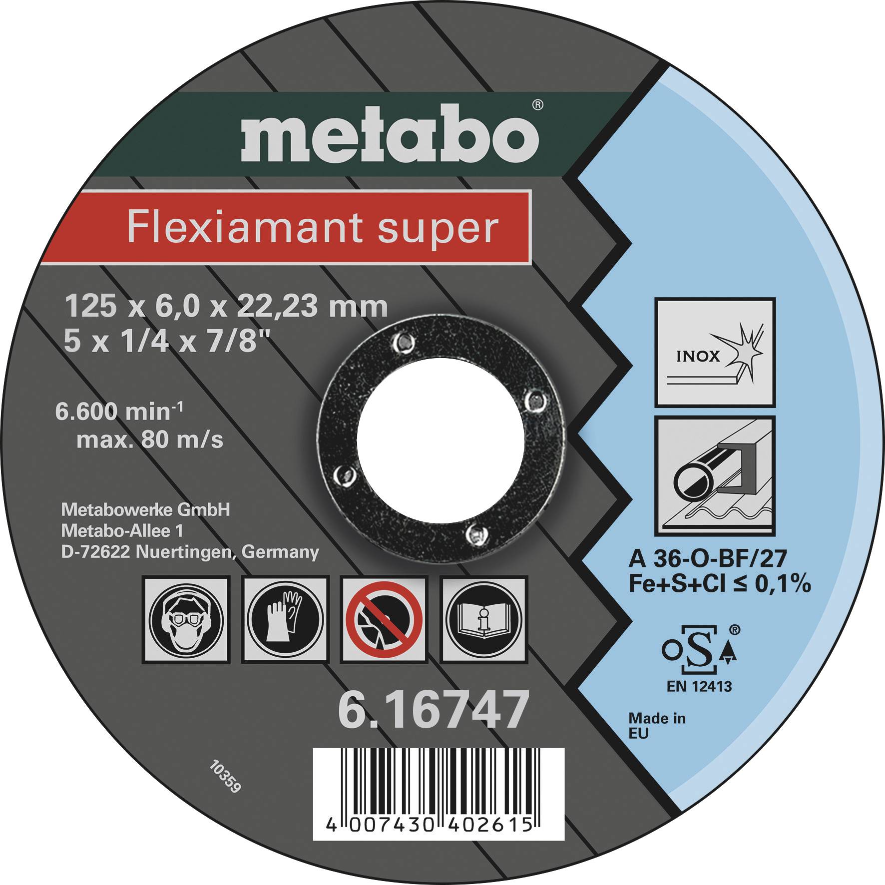 Schleifscheibe von Metabo für Edelstahl, Größe 125 x 6,0 x 22,23 mm, Max. 80 m/s. Hersteller: Metabowerke GmbH, Made in EU.