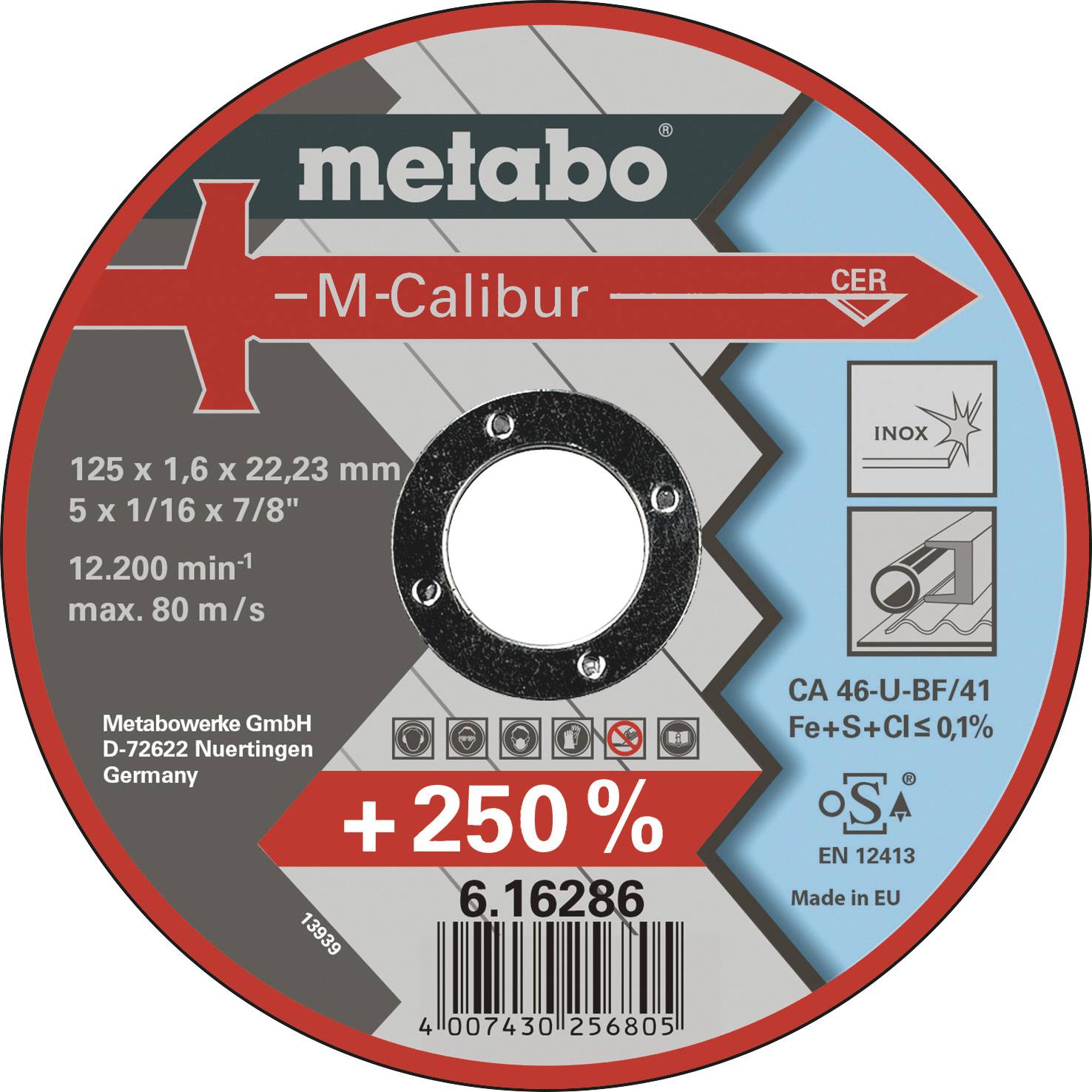 Schleiftrennscheibe mit Aufschrift 'Metabo M-Calibur'. Durchmesser 125 x 1,6 mm. Geeignet für Edelstahl. Geschwindigkeit: 80 m/s.