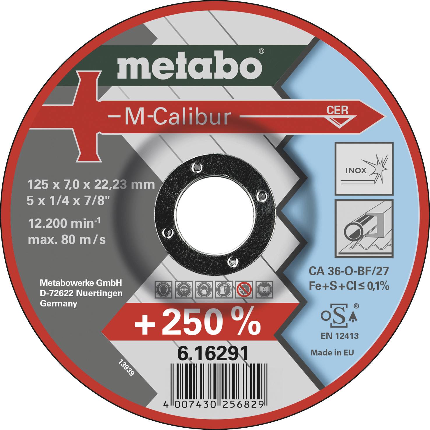 Schleifscheibe von Metabo, Typ M-Calibur, Durchmesser 125 mm, Stärke 7 mm, maximale Drehzahl 12.200 U/min, geeignet für Metall.