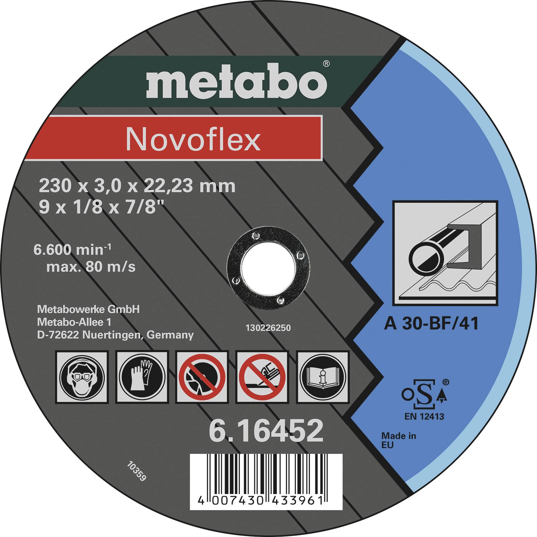 Schleifscheibe 'metabo Novoflex', 230 x 3,0 x 22,23 mm, max. 80 m/s, für Metallbearbeitung mit Warnhinweisen und Herstellerangaben.