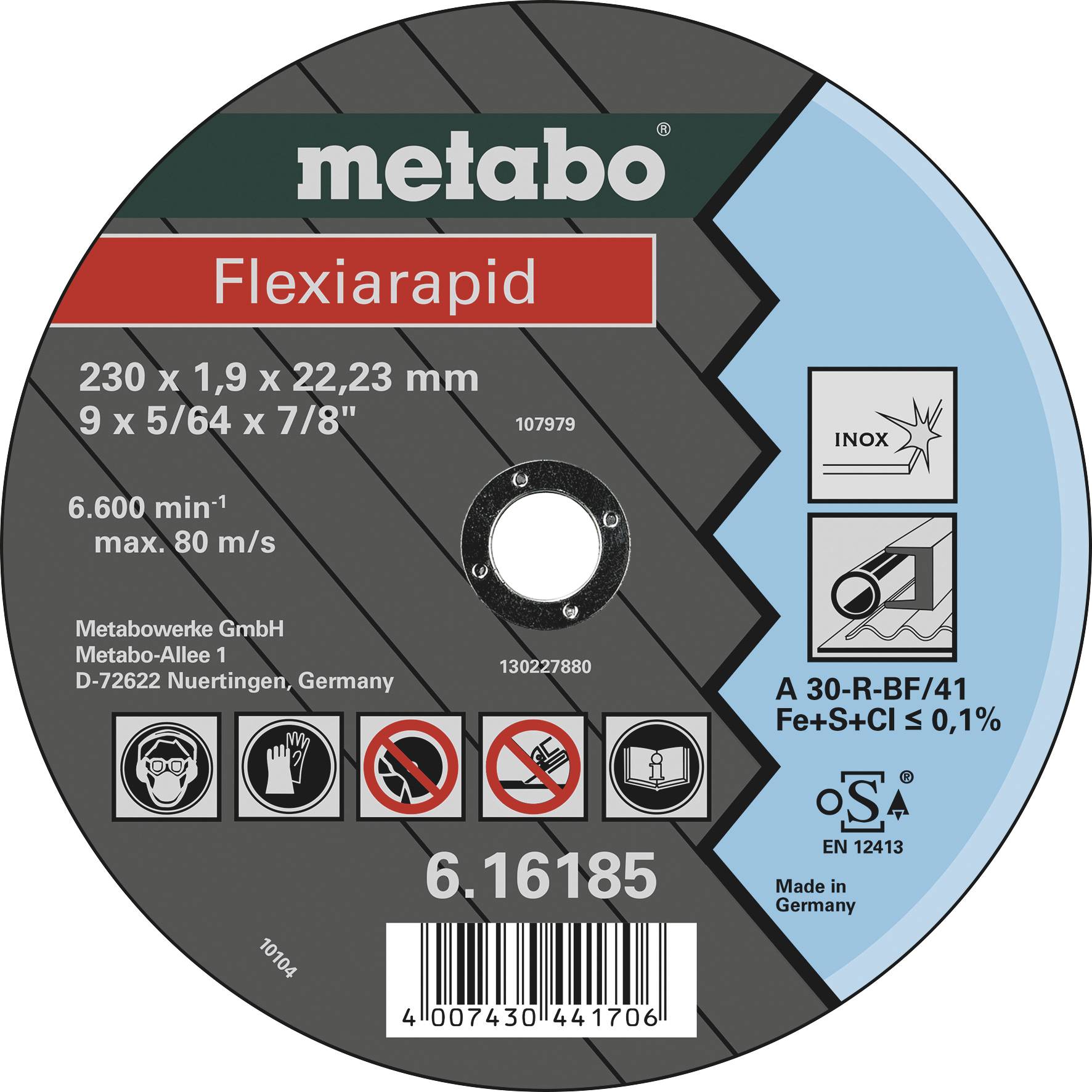 'Metabo Flexiarapid' Schleifscheibe, 230 x 1,9 mm für Metall. Max. 80 m/s. Enthält Sicherheits- und Gebrauchssymbole. Made in Germany.