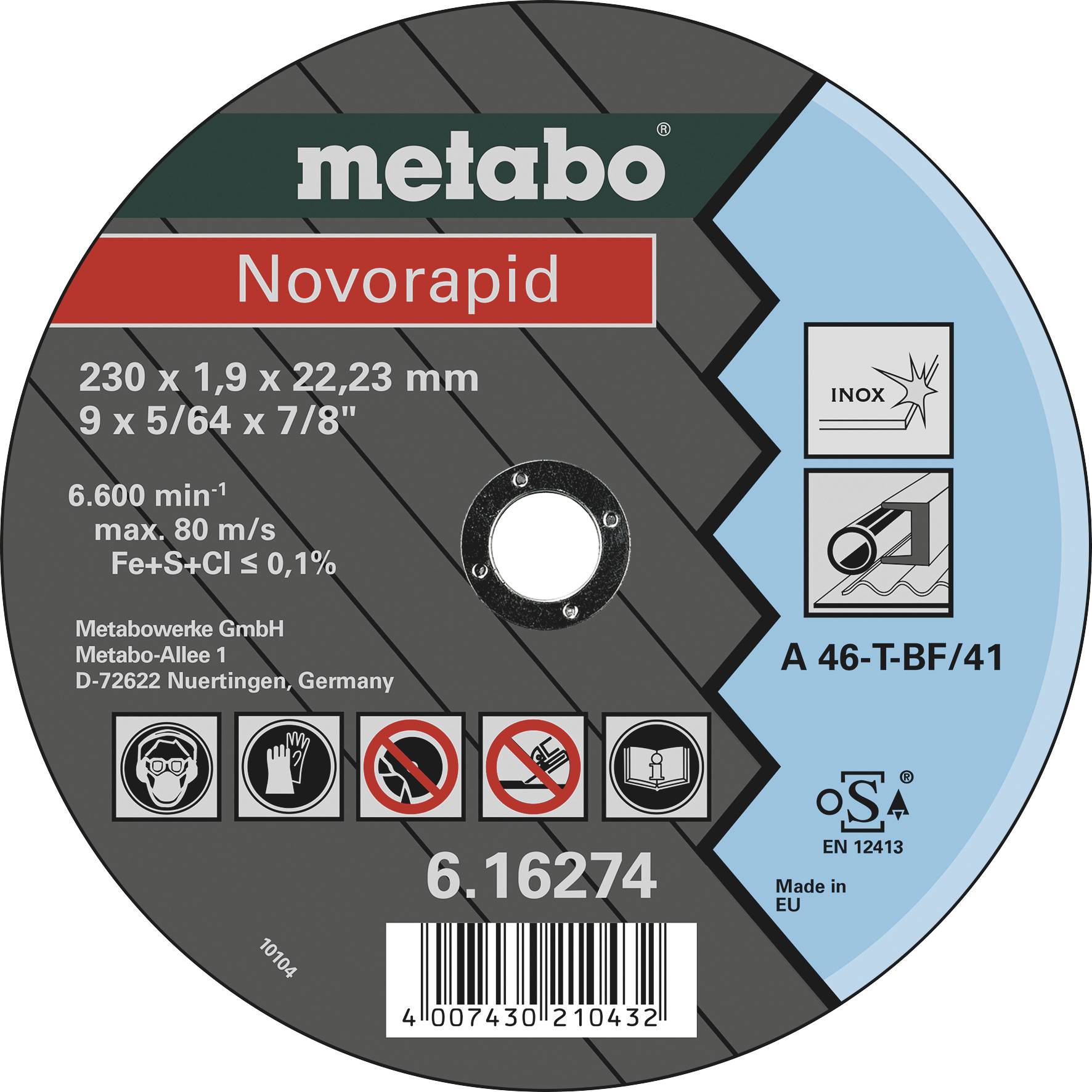 'Metabo Novorapid' Schleifscheibe: 230 x 1,9 x 22,23 mm, INOX, max. 80 m/s, gemäß EN 12413, hergestellt in Deutschland.