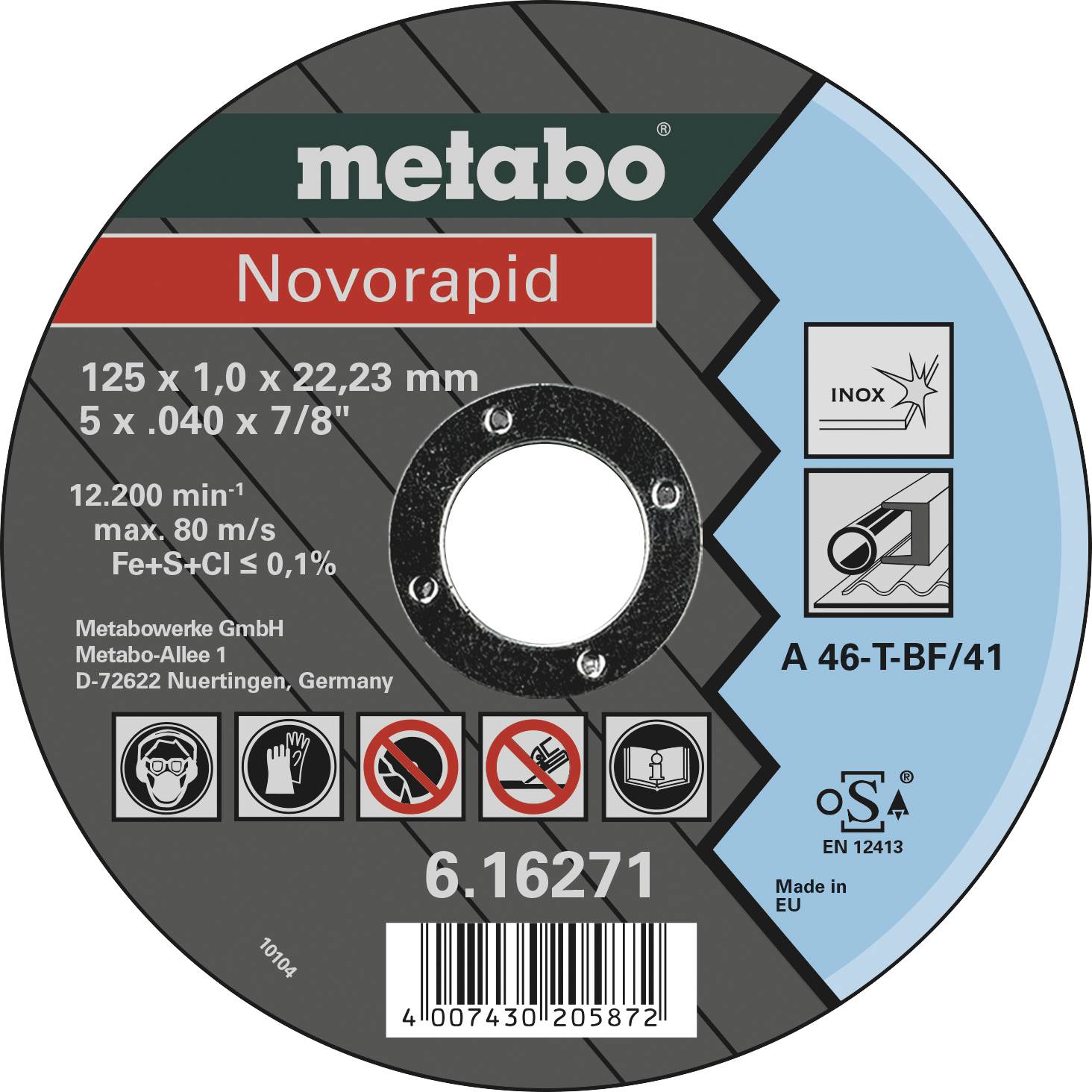 Scheibe für Metallbearbeitung, Metabo Novorapid, 125x1,0x22,23 mm, Drehzahl bis 12.200 min-1, max. Geschwindigkeit 80 m/s, Made in EU.
