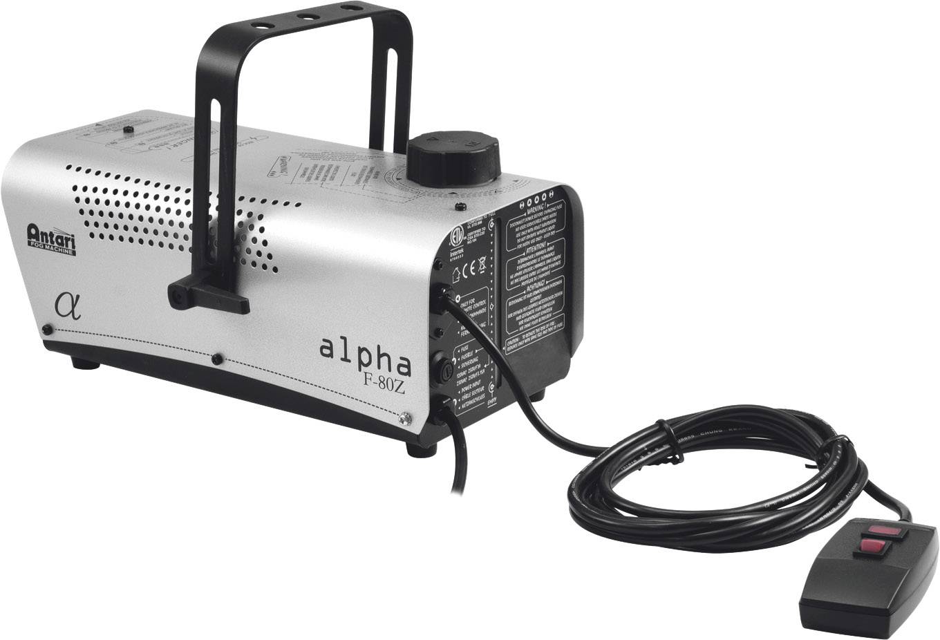 Nebelmaschine mit Griff und Schalter, Modell Alpha F-80Z, Kabel verbunden. Geeignet für Bühnen- und Lichteffekte.