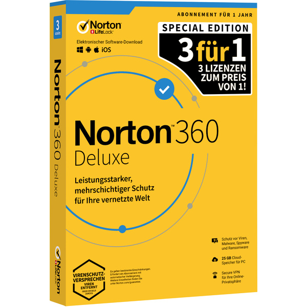 Norton Life Lock Norton™ 360 Deluxe Special Edition Jahreslizenz, 3 Lizenzen Windows, Mac, Android, iOS Sicherheits-Software
