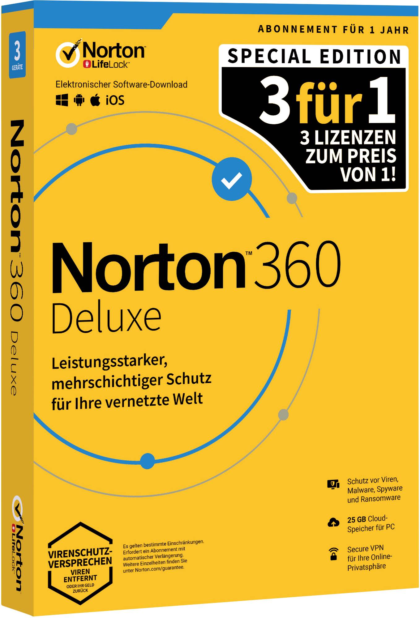 Verpackung von Norton 360 Deluxe. Übertitel: '3 für 1 Lizenzen'. Schlüsselmerkmale: Schutz für PC, Mac, iOS, Android. Abonnement 1 Jahr.