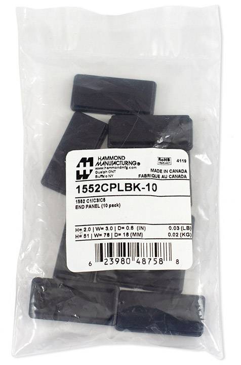 Plastiktüte mit schwarzen Endplatten von Hammond Manufacturing, 10 Stück pro Packung, mit Etikett und Barcode oben sichtbar.