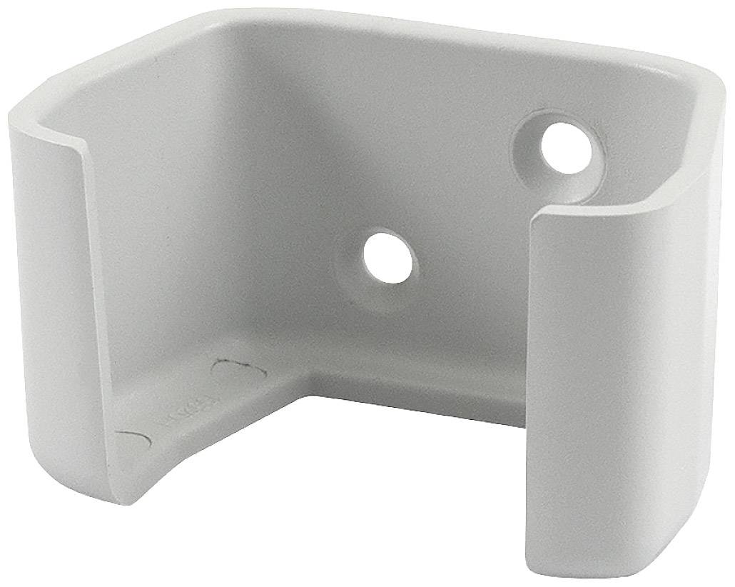 Weiße, rechteckige Kunststoffhalterung mit drei Bohrlöchern, geeignet zur Befestigung an einer Wand oder anderen flachen Oberfläche.