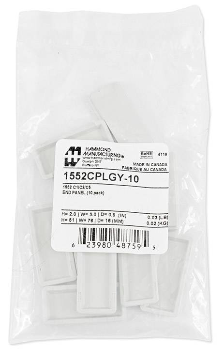 Eine durchsichtige Plastiktüte mit weißen Kunststoffabdeckungen. Etikett mit Text: 'Hammond Manufacturing', '1552CPLGY-10', 'End Panel (10 pack)', hergestellt in Kanada.