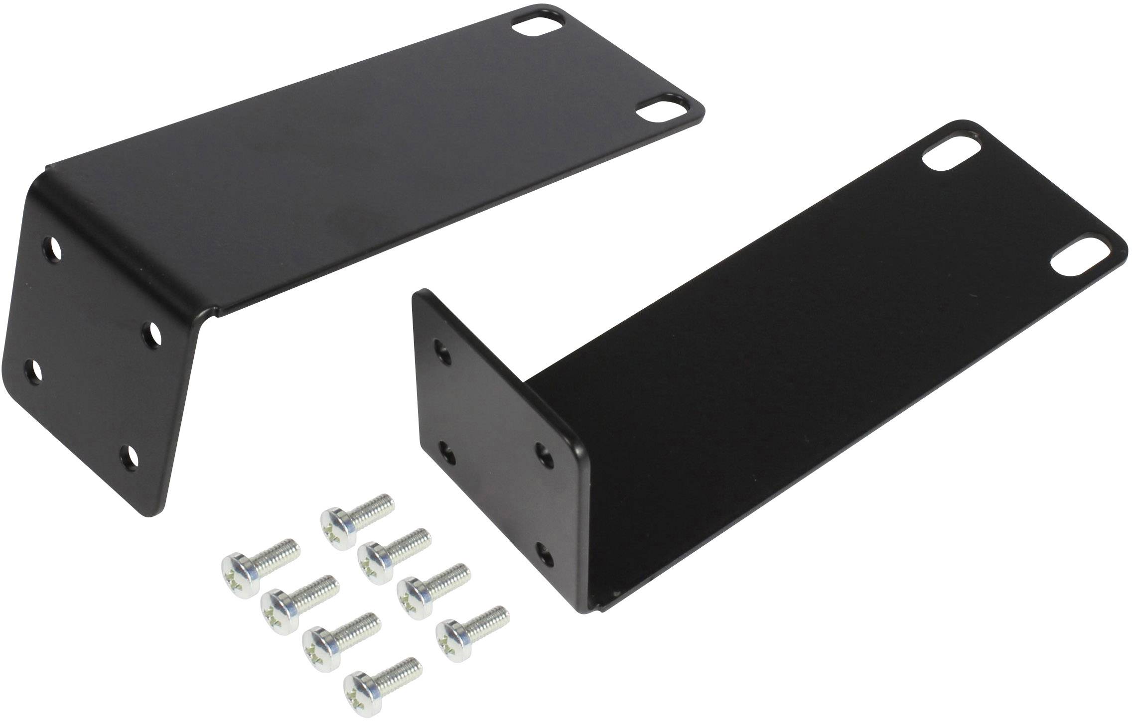 Zwei schwarze Metallhalterungen und acht silberne Schrauben sind zu sehen, vermutlich zur Montage in einem technischen oder industriellen Kontext.