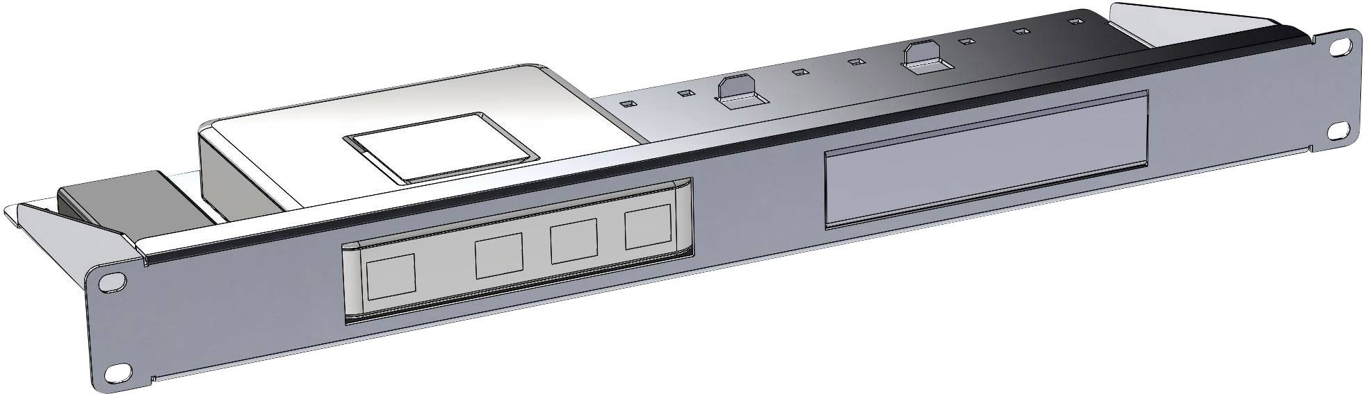 Ein silber-farbenes Rackmodul mit drei quadratischen Tasten links und einem rechteckigen Display rechts, ausgelegt für die Installation in einem Rack-System.