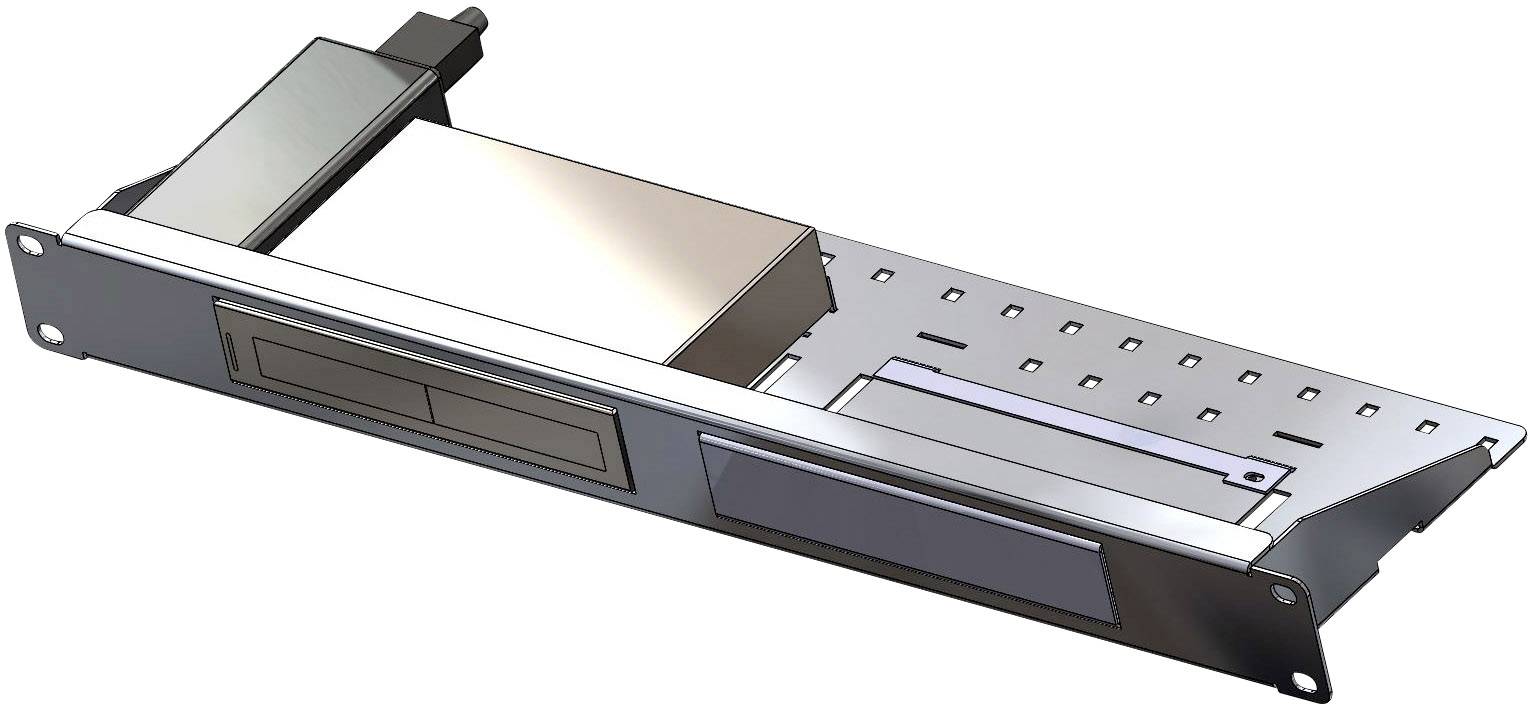 Server-Rackmontage: Ein Gehäuse mit mehreren Fächern zur Aufnahme von Komponenten in einem Serverraum. Metallische Struktur mit Befestigungslöchern.