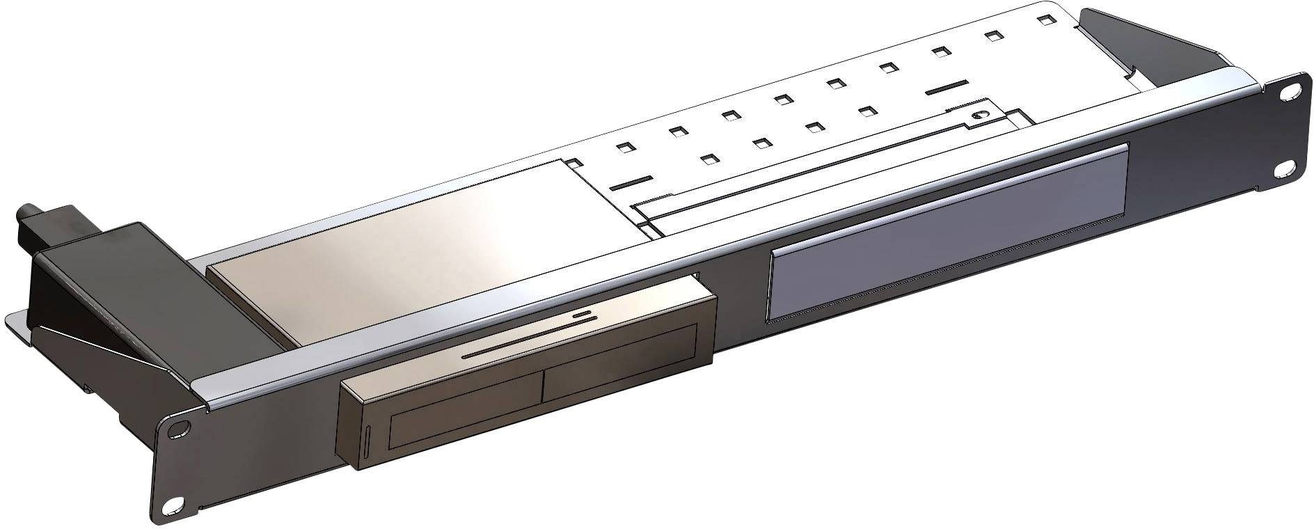 Metallisches Rack-Element, rechteckig mit Schlitzen und Befestigungsösen, zur Montage in technischen oder Server-Anwendungen.
