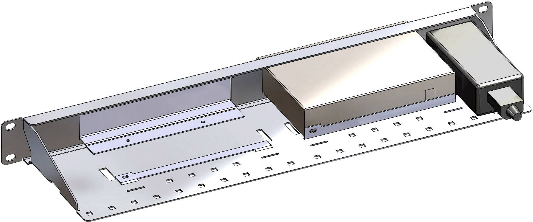 Elektrisches Gerät auf einer Montageschiene. Es hat ein rechteckiges Gehäuse und ist für die Installation in einem Rack vorgesehen.