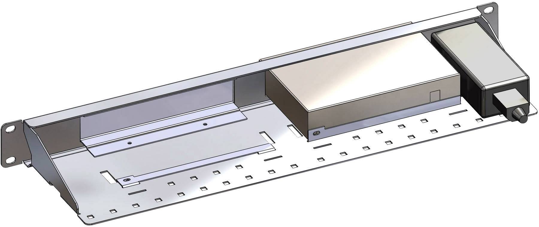3D-Darstellung einer rechteckigen Metallhalterung mit Aussparungen und zwei montierten Bauteilen, darunter ein rechteckiges Gehäuse.