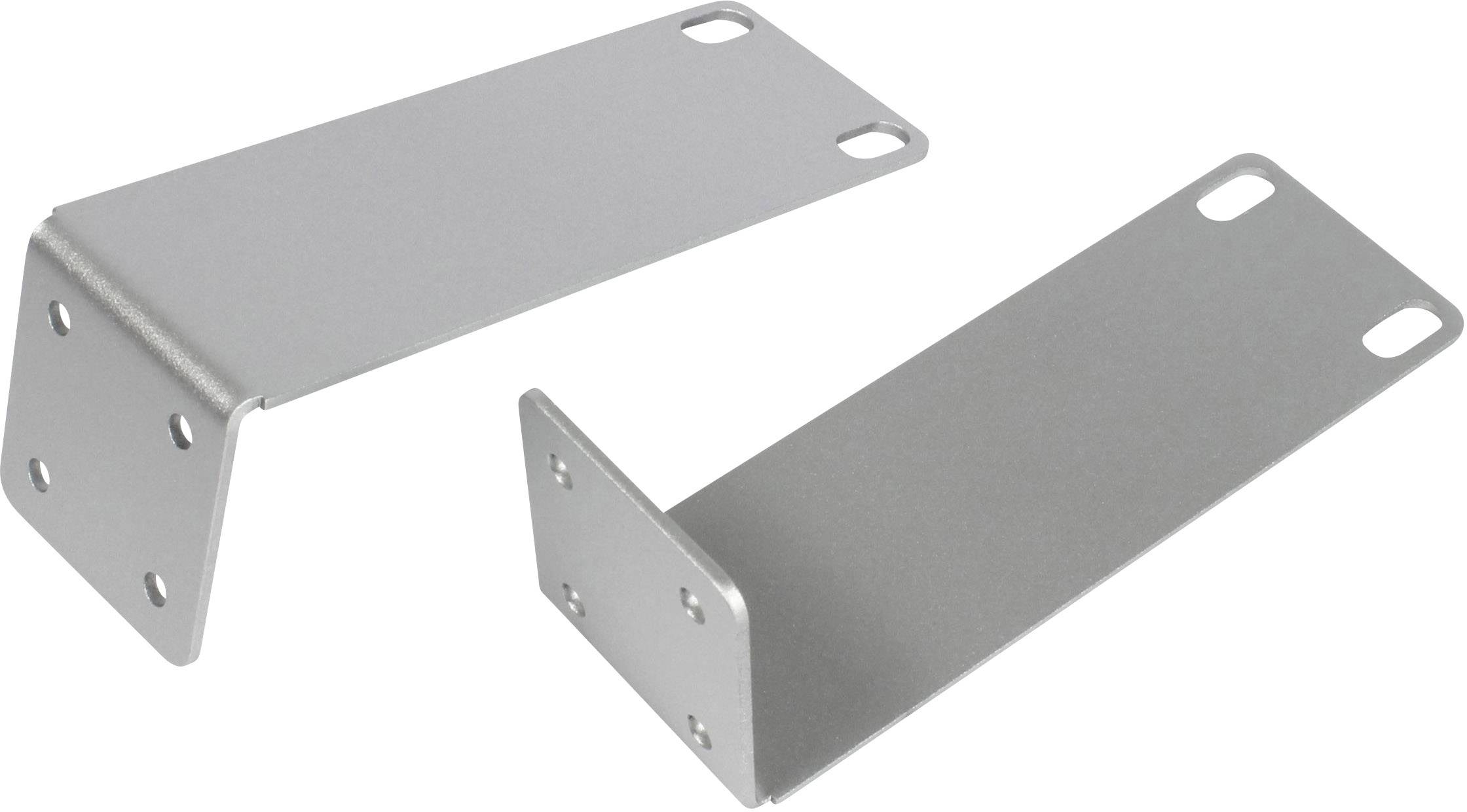 Zwei metallene Winkelhalterungen mit Schraubenlöchern, in L-Form gebogen, auf weißem Hintergrund. Sie dienen zur Befestigung.