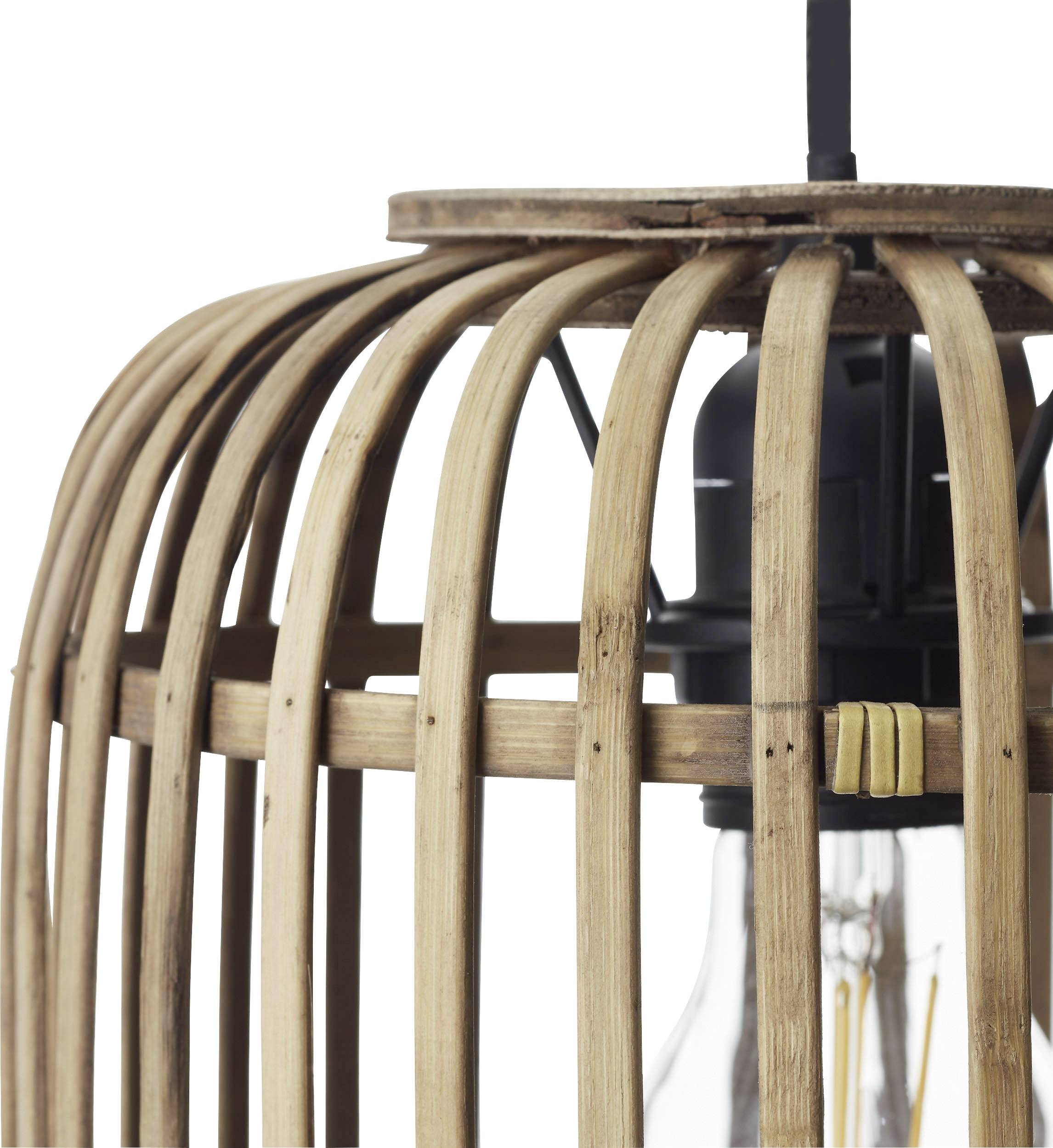 Nahaufnahme einer Hängelampe aus Holz mit einer Glühbirne im Inneren. Die Holzstäbe sind parallel angeordnet und umgeben die Glühbirne.