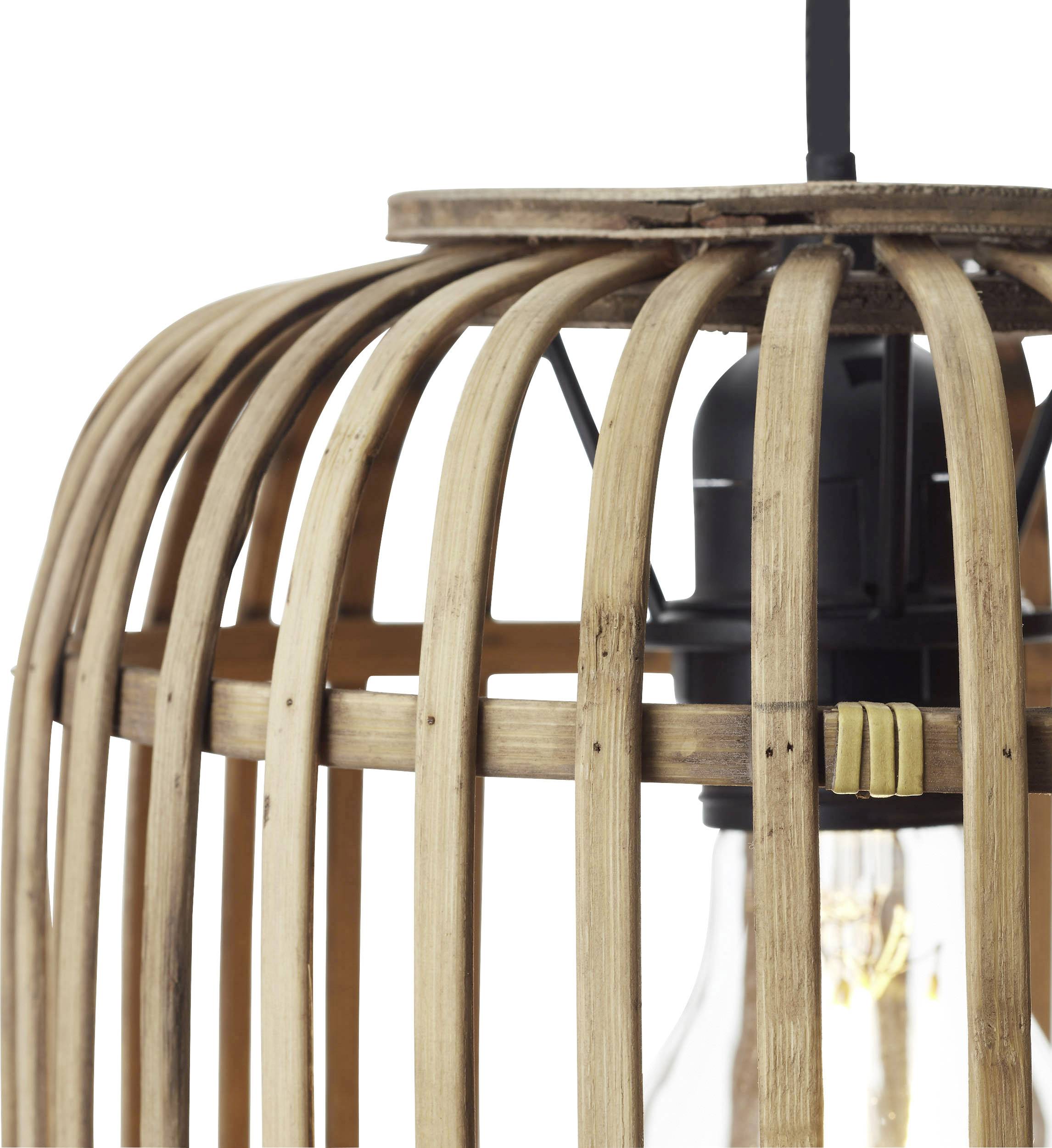 Eine Hängelampe aus Holzstreben mit sichtbarem Leuchtmittel. Moderner, natürlicher Stil in Nahaufnahme.