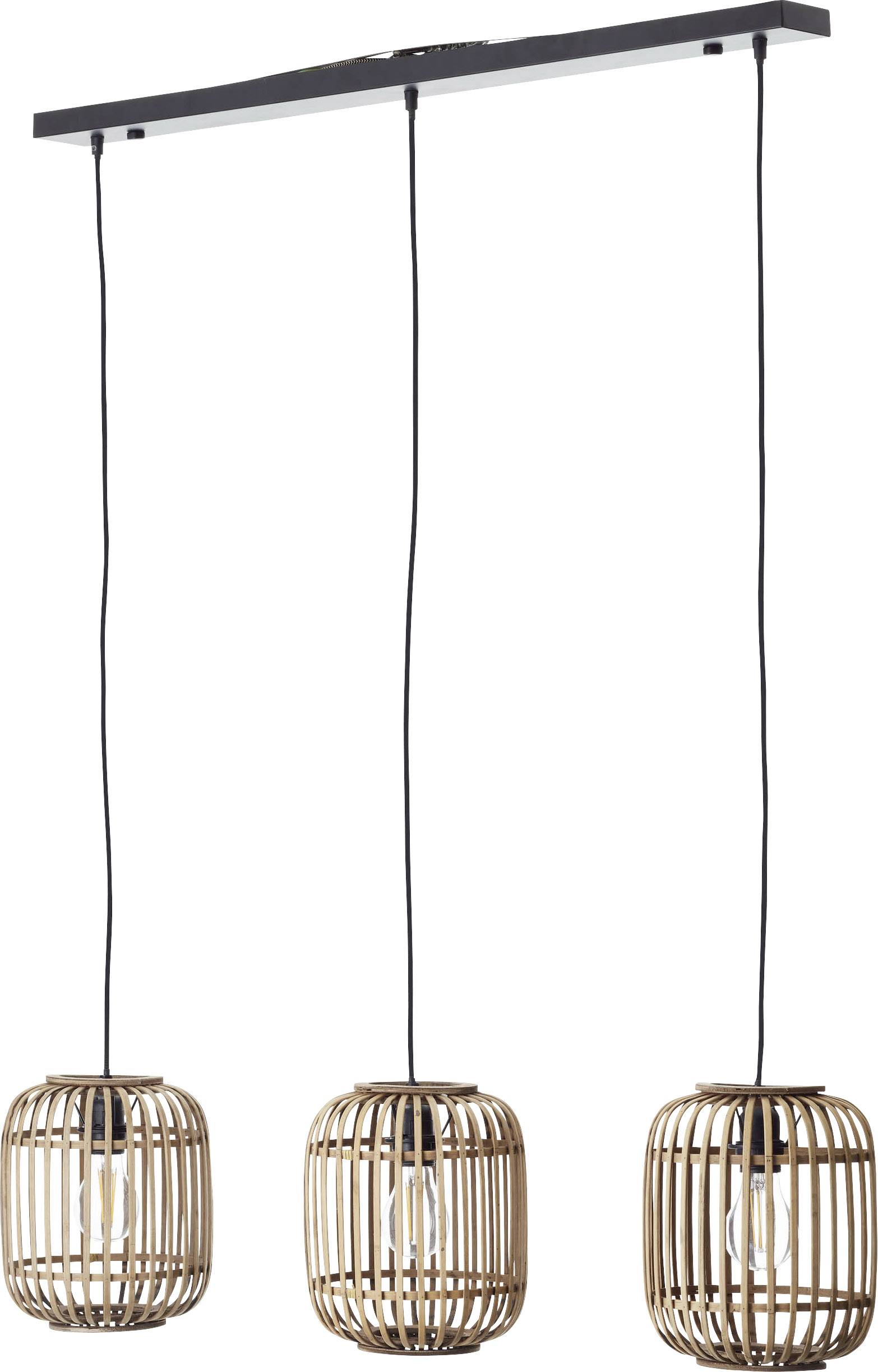 Drei hängende Rattan-Lampen mit schwarzen Kabeln an einer rechteckigen Metallhalterung.