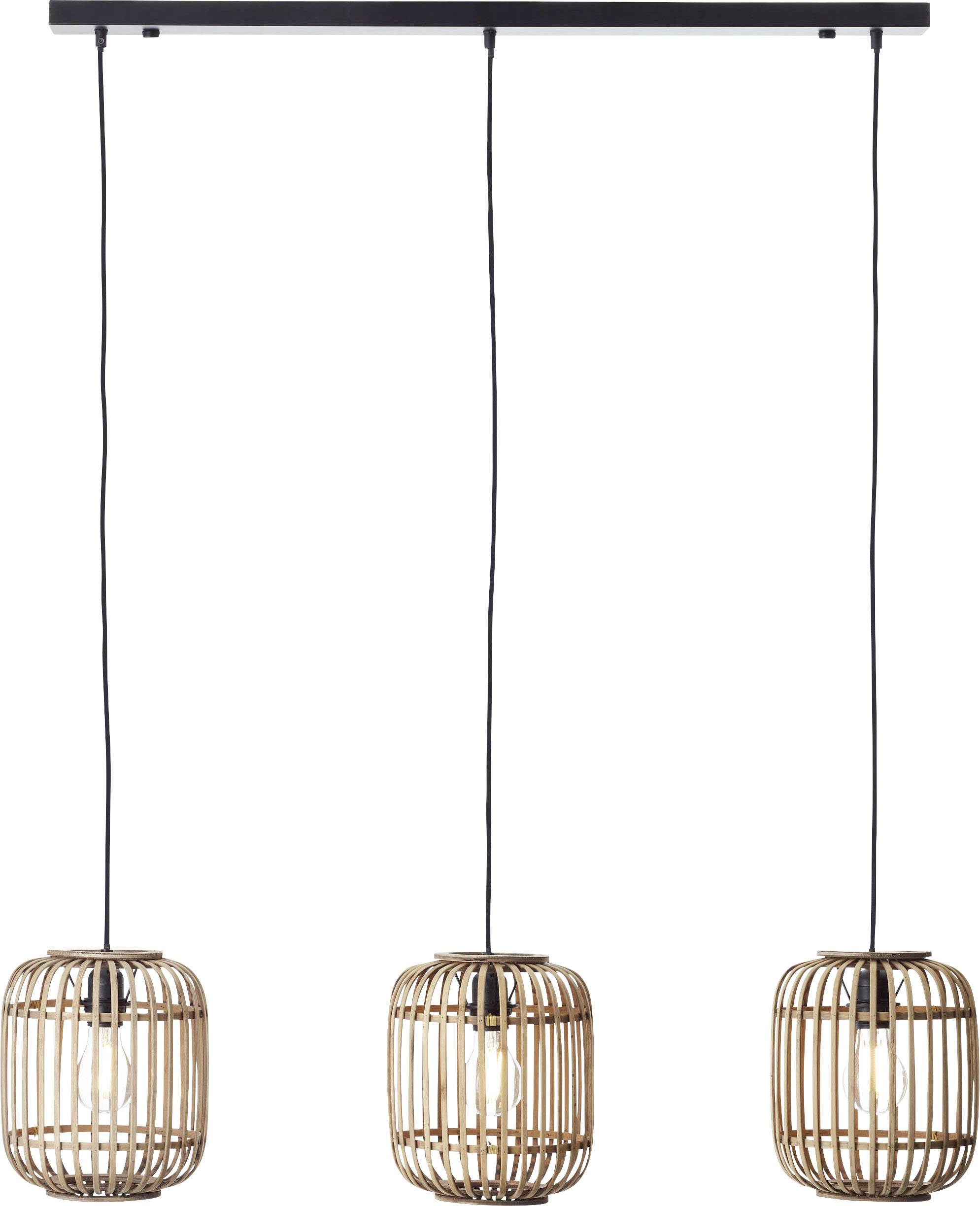 Eine Hängelampe mit drei glühenden Glühbirnen in runden, offenen Holzkäfigen, die an drei schwarzen Kabeln von einer Leiste hängen.