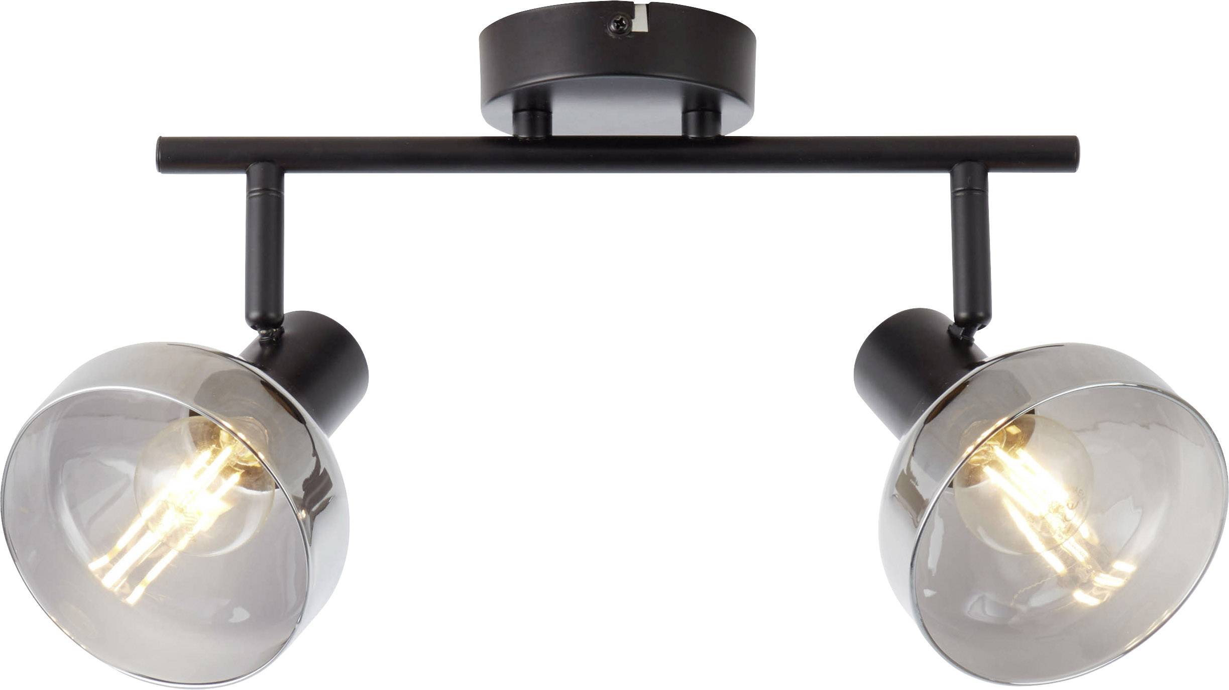 Deckenleuchte mit zwei verstellbaren Lampenschirmen aus glasartigem Material, montiert auf einer schwarzen Metallstange.