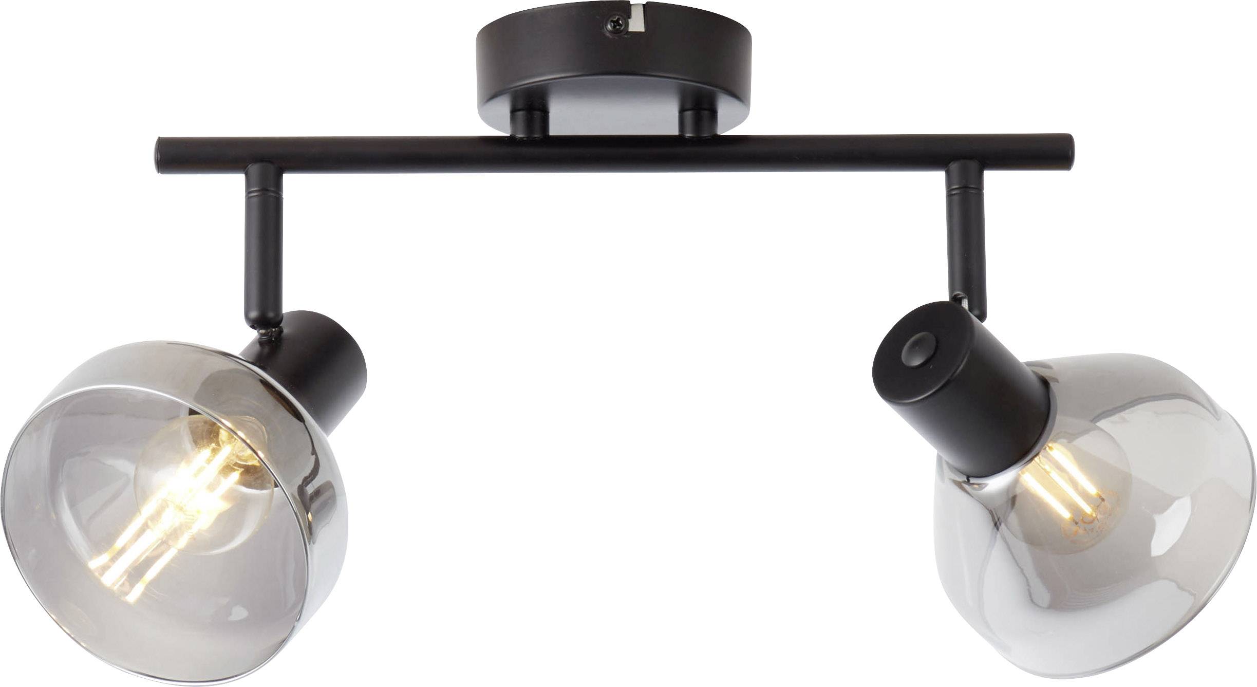 Deckenleuchte mit zwei verstellbaren Strahlern in transparent-schwarzen Glaskuppeln, montiert auf einer schwarzen Metallstange.