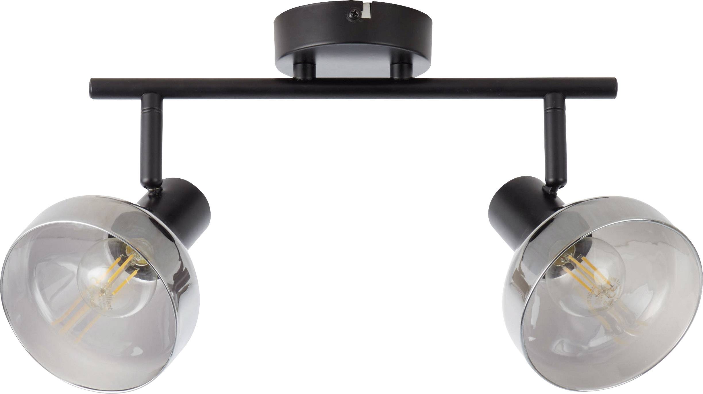 Schwarze Deckenleuchte mit zwei verstellbaren Glaslampenschirmen. Ideal für moderne Wohnräume.