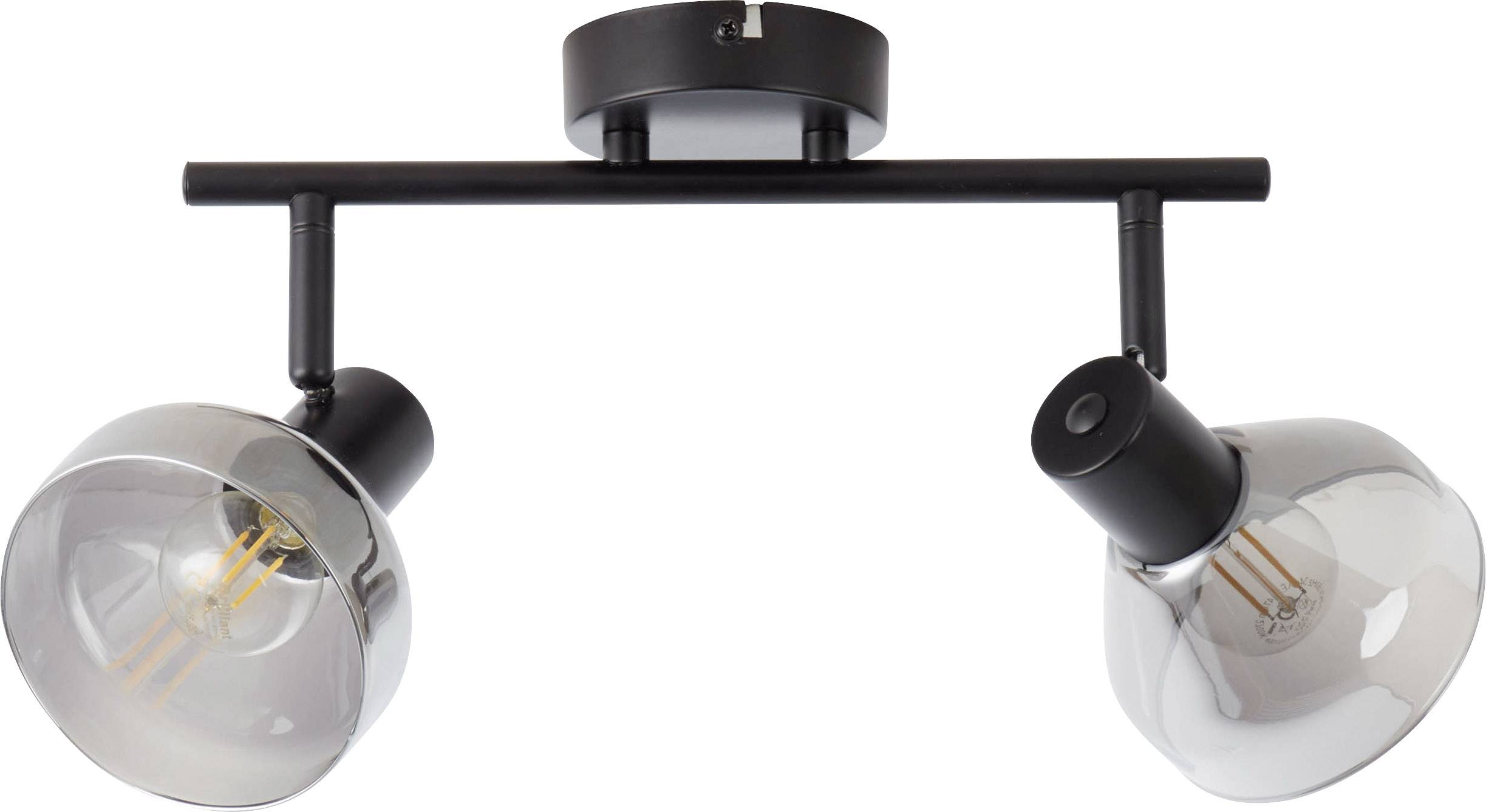 Schwarze Deckenleuchte mit zwei verstellbaren Spotlights, die nach unten gerichtet sind. Minimalistisches Design, industrieller Stil.