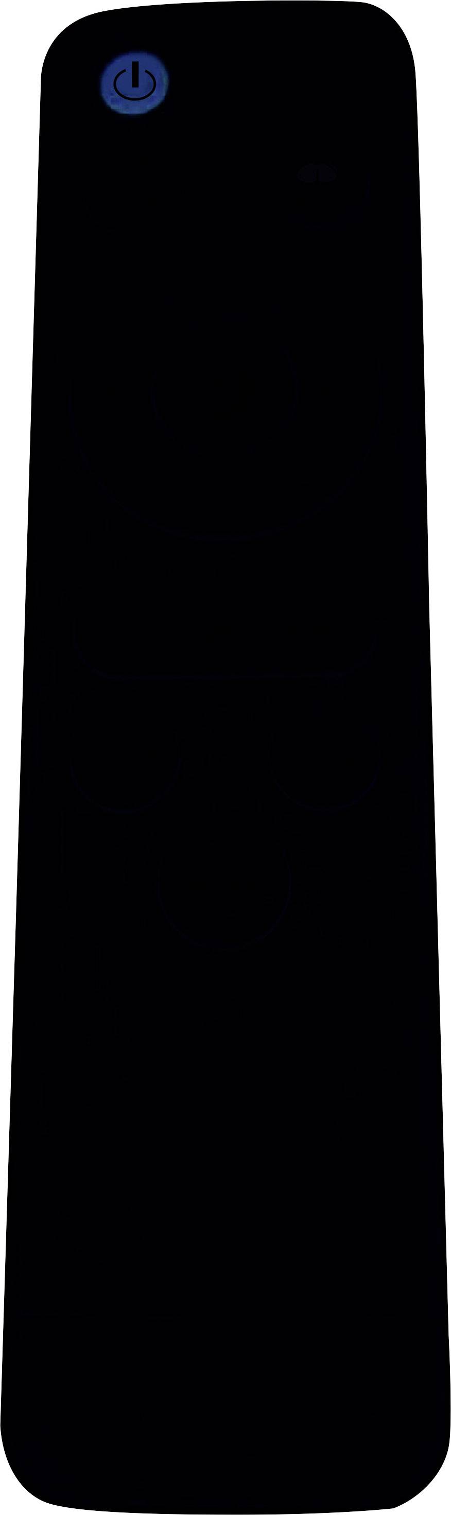 Fernbedienung mit blauem Ein-/Ausschalter oben, vor schwarzem Hintergrund.