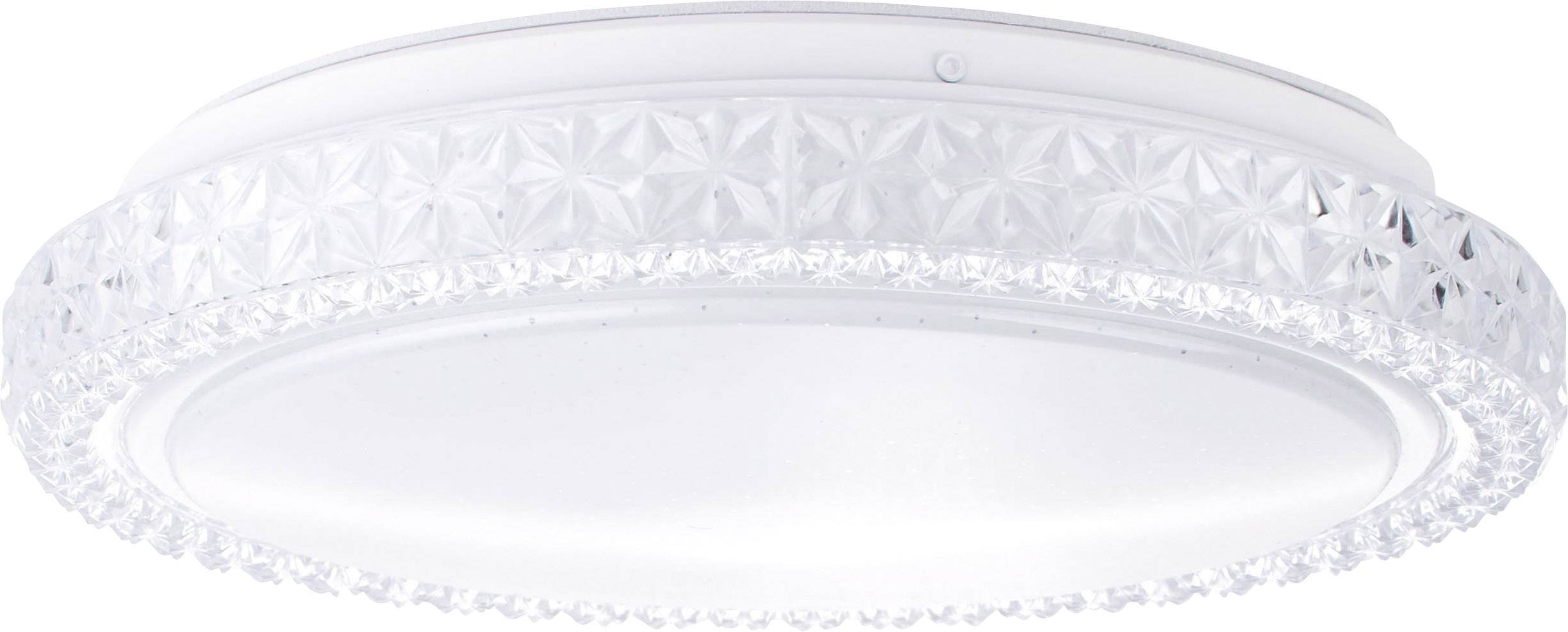 Eine runde Deckenleuchte mit kristallartigem Rand, der Licht bricht und ein elegantes Aussehen verleiht.