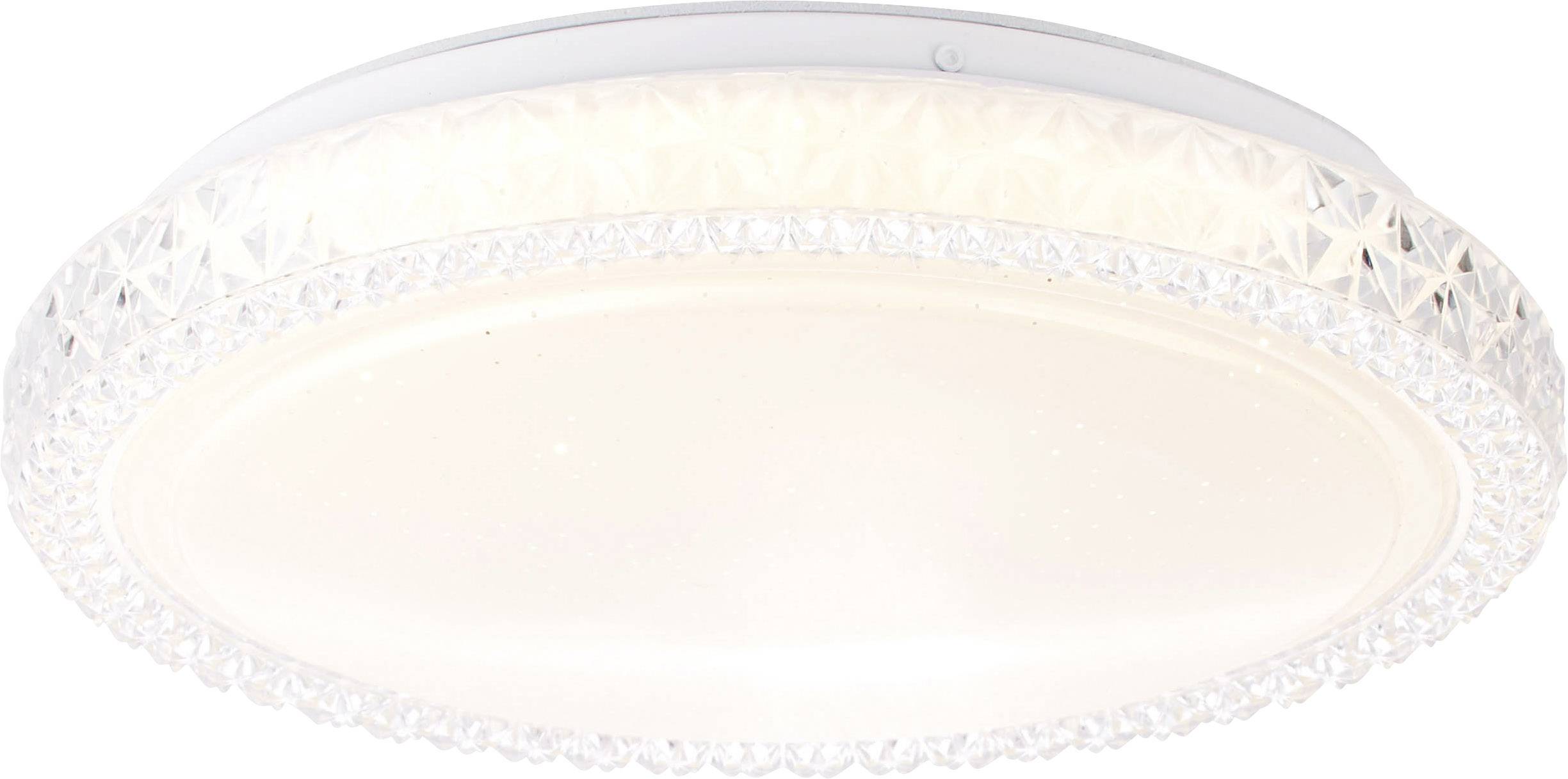 Runde Deckenleuchte mit kristallartigem Rand, die ein gleichmäßiges, warmes Licht abstrahlt. Geeignet für Wohn- oder Schlafräume.